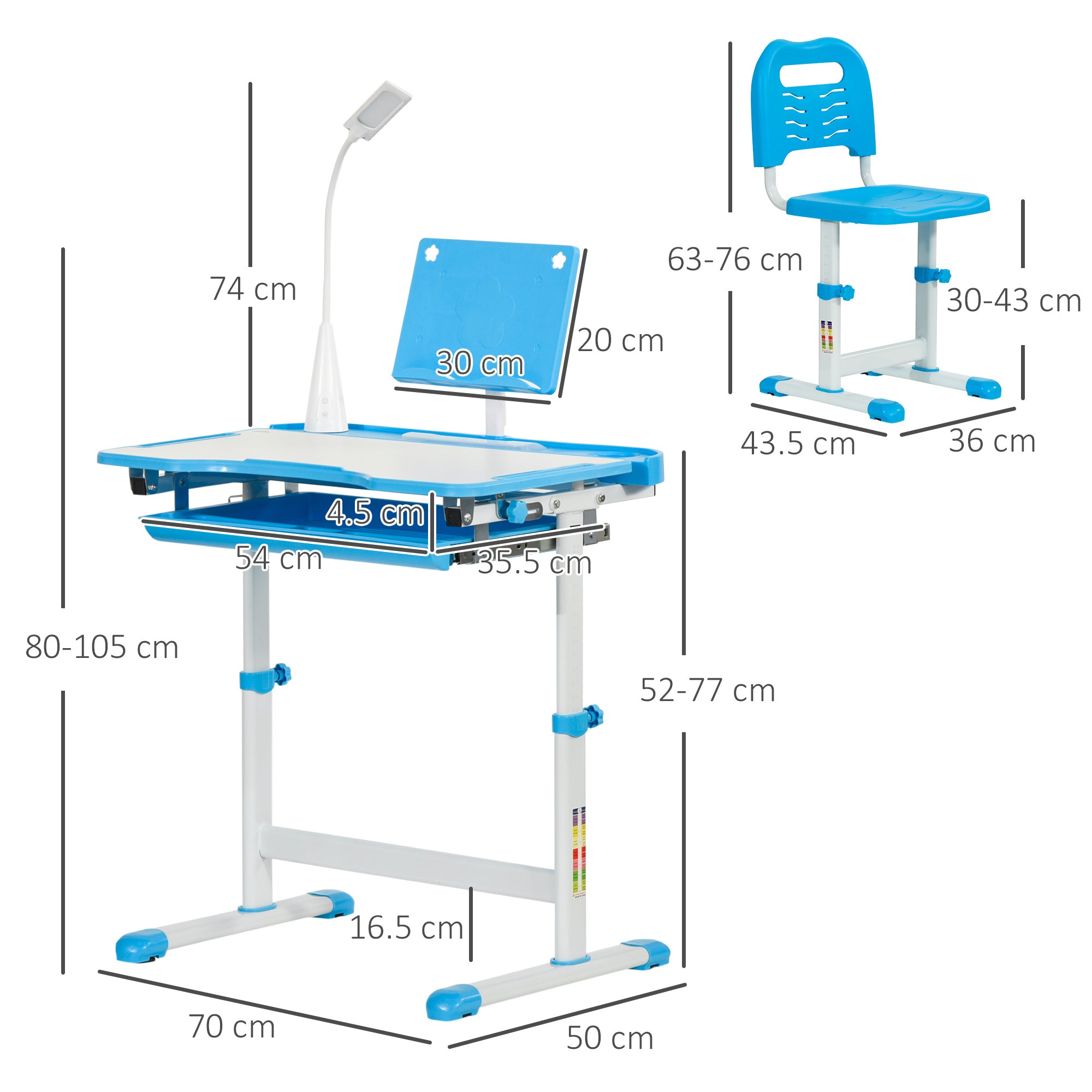 Kids Study Desk and Chair Set w/ Adjustable Height, Storage, Drawer, Blue