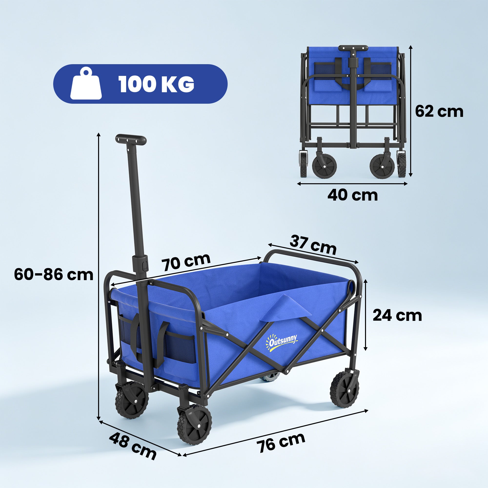 93L Festival Trolley on Wheels, Garden Folding Trolley Cart, 120kg Heavy Duty Collapsible Folding Wagon with Adjustable Handle and Carrying Bag for Beach, Camping, Festival, Blue