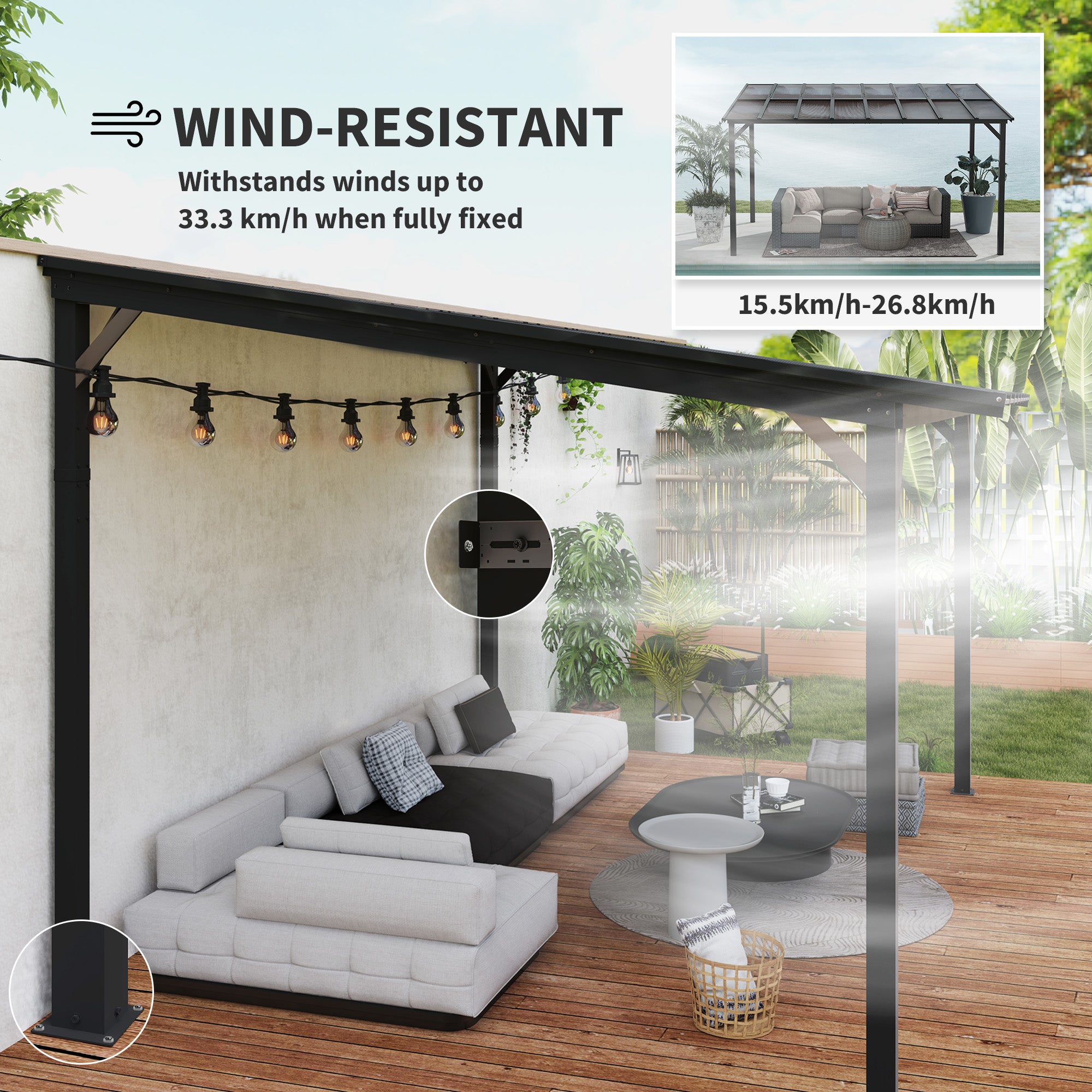 3 x 4.3m Metal Pergola with UPF 50+ and Waterproof Polycarbonate Roof, Wall-Mounted or Free Standing Garden Gazebo, Wind-resistant Outdoor Sun Shade, Dark Grey