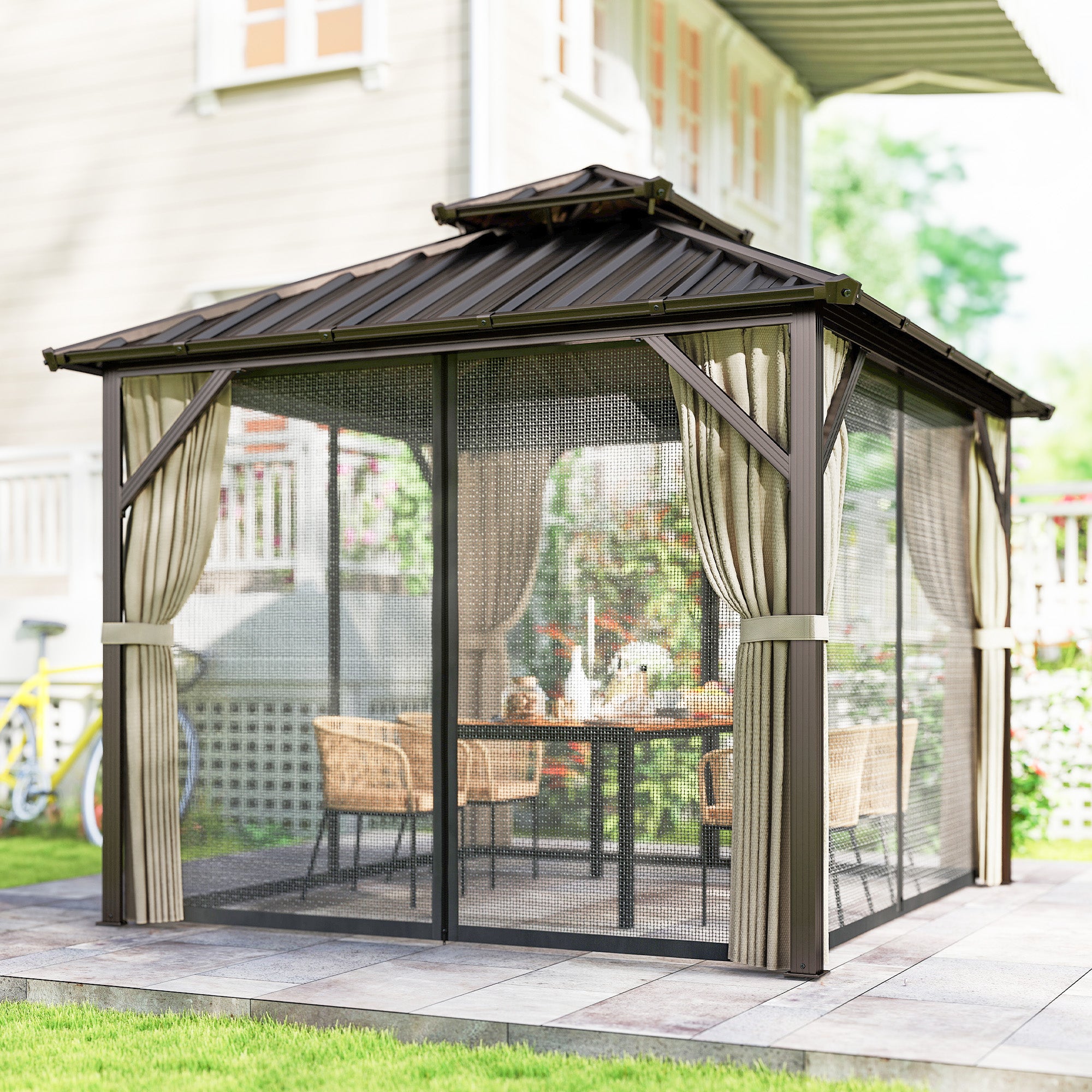 3x3 m Hardtop Gazebo Canopy with UPF50+ Double Galvanised Steel Roof, Aluminium Garden Gazebo Permanent Pavilion, Brown