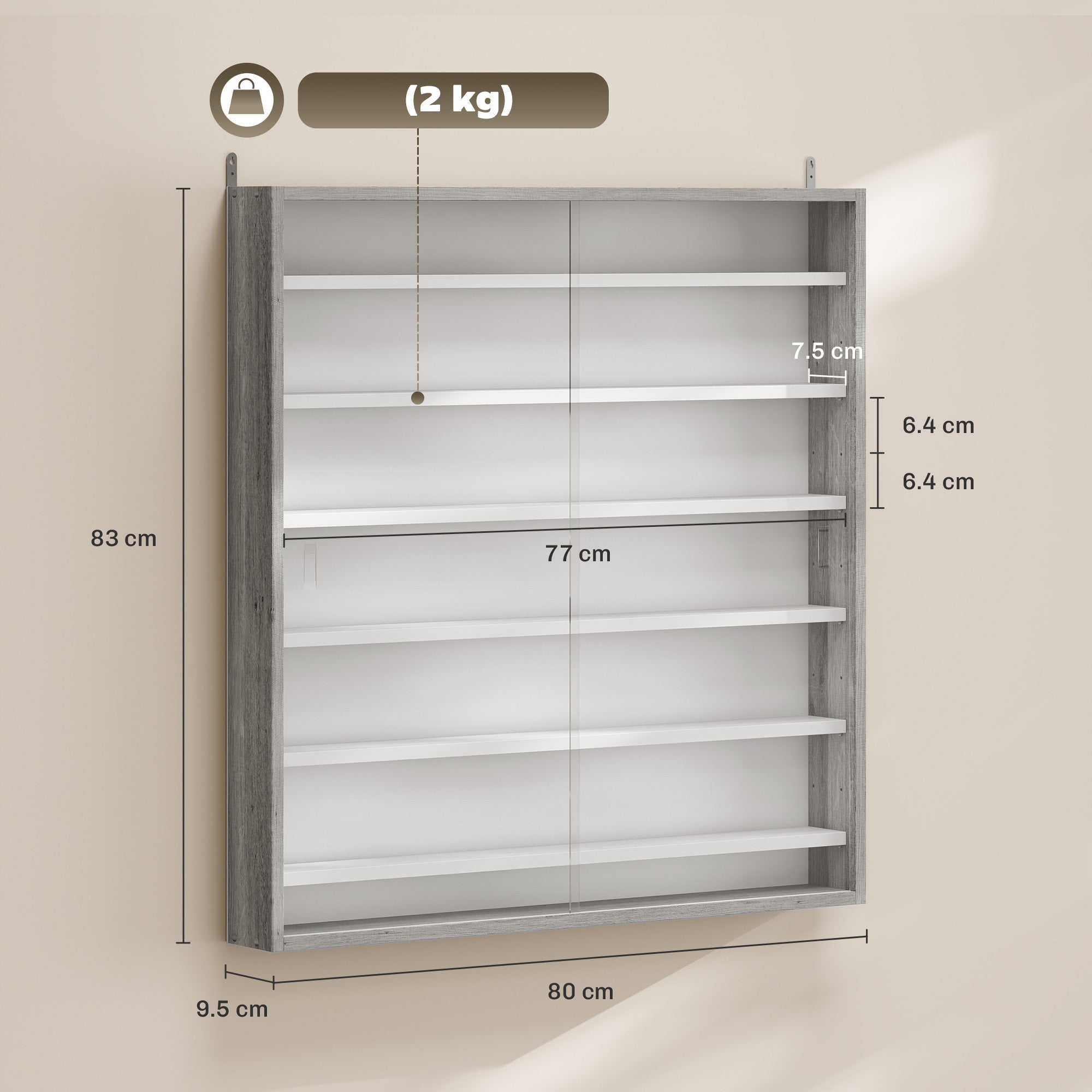 Six Shelf Display Cabinet, with Glass Doors - Graphite Wood Effect