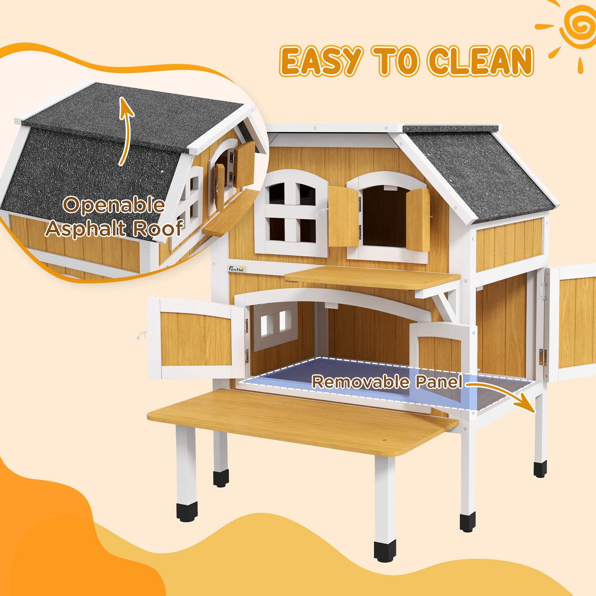 Outdoor Cat Shelter 2 Tiers Wooden Feral Cat House with Openable Asphalt Roof, Escape Doors, Terrace, for 1-2 Cats