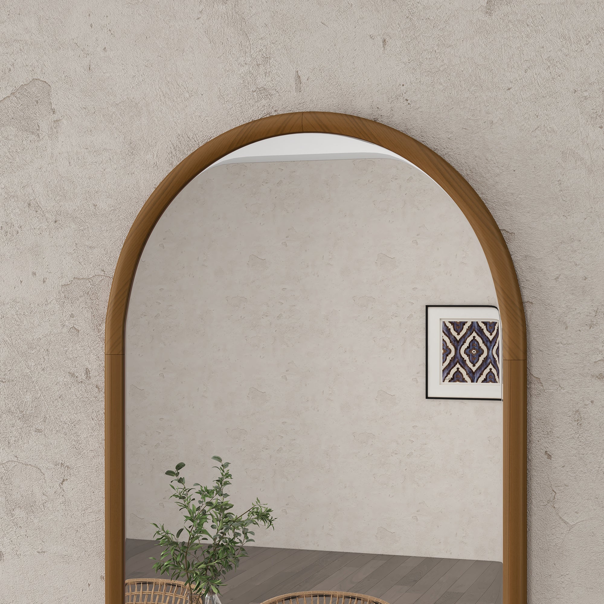 110 x 65cm Wooden Arched Mirror - Natural Finish