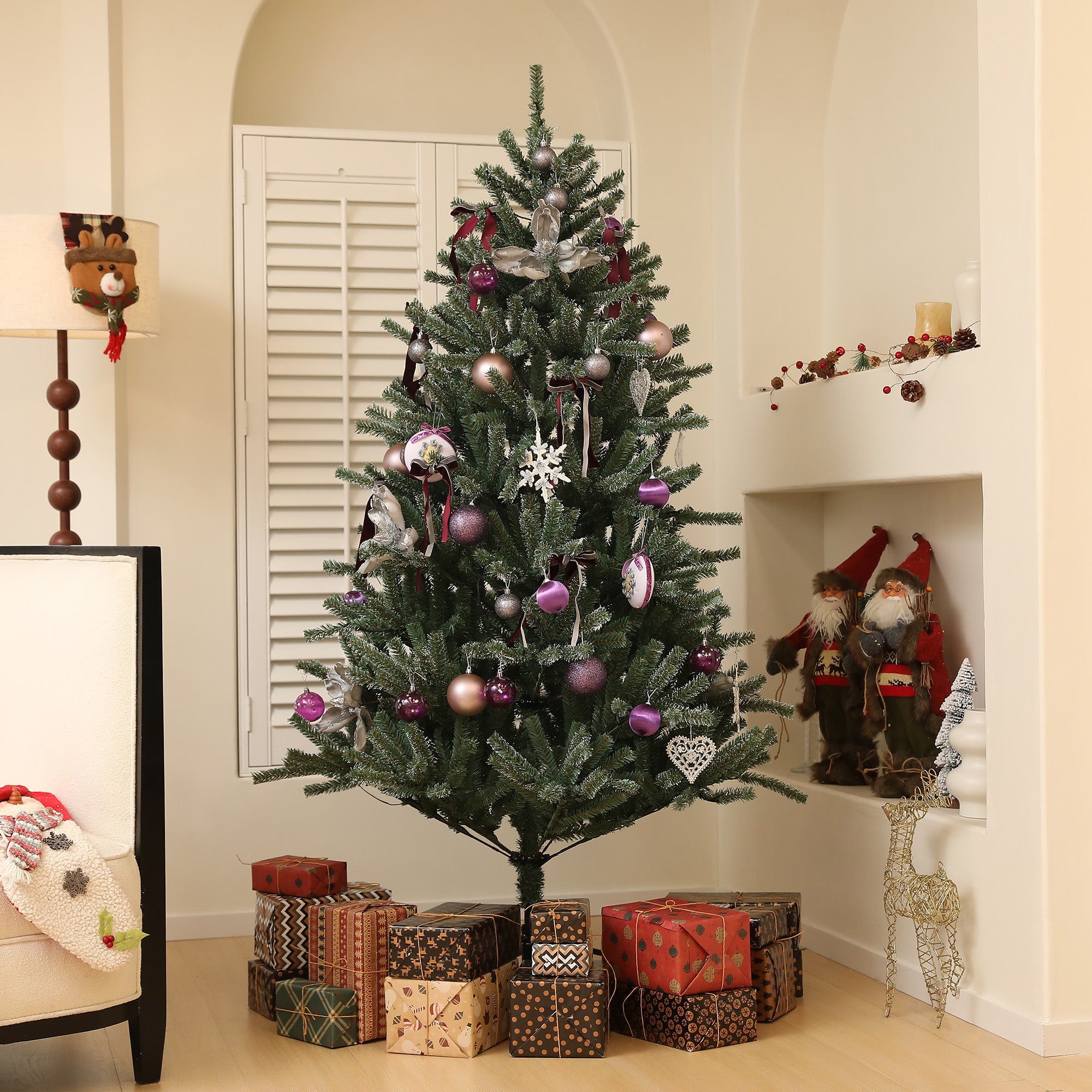 6ft Artificial Prelit Christmas Tree with Warm White LED Lights and 796 Tips, Metal Stand, Xmas Tree with Purple Ornaments for Home Office Holiday