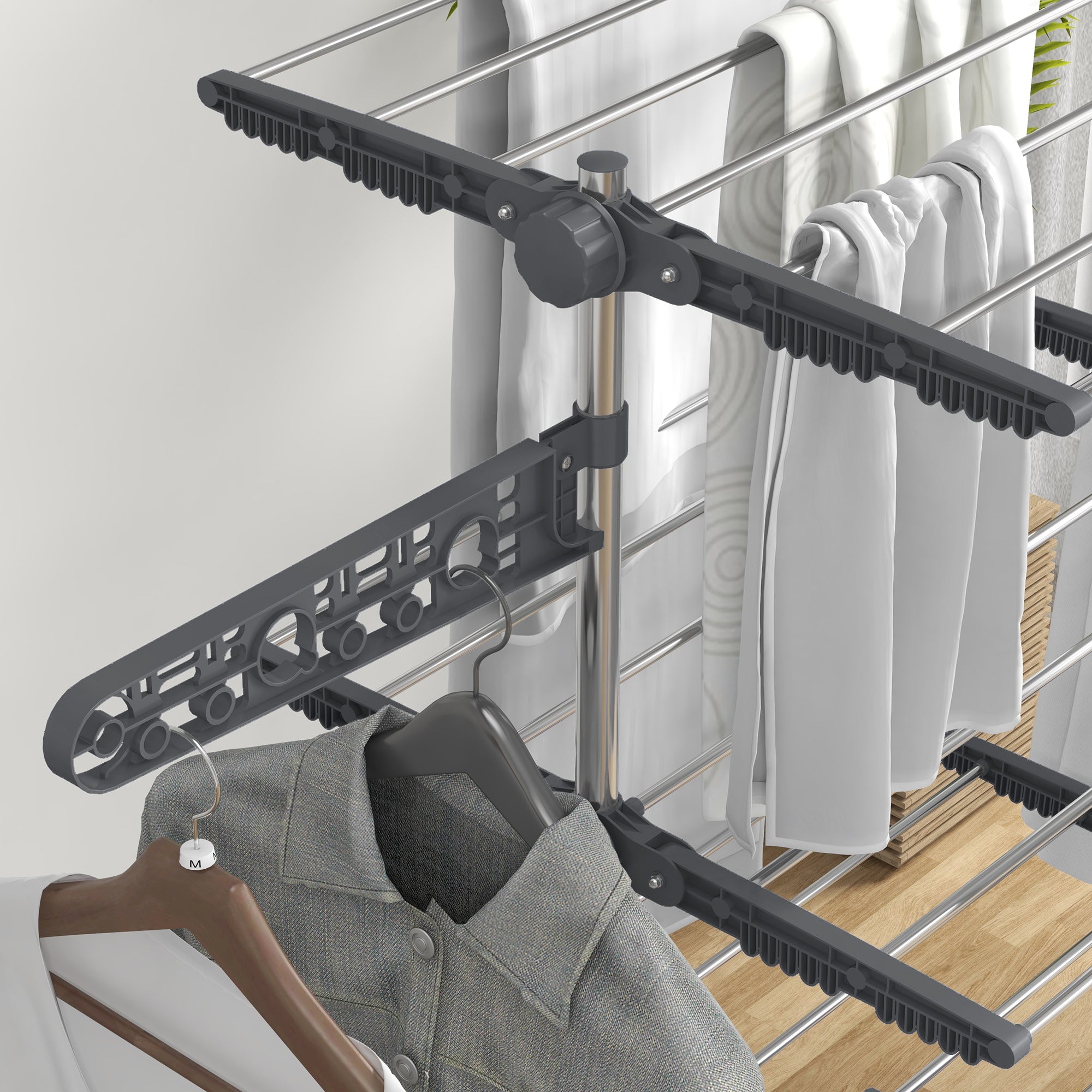 Four-Shelf Collapsible Clothes Horse with Side Arms and Wheels - Grey