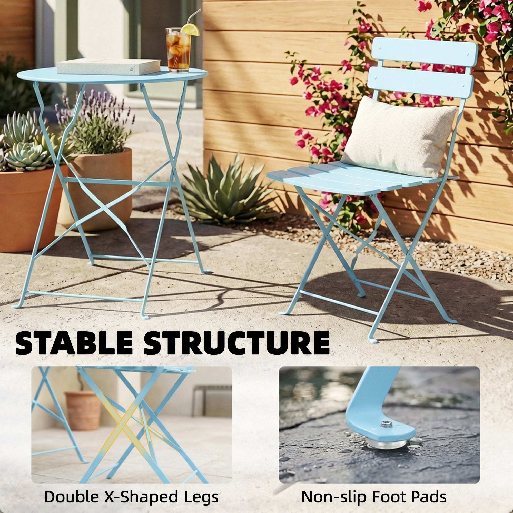 Folding Garden Bistro Set, Outdoor Round Bistro Table and Chairs Set 2 with Electrophoresis Metal Frame, Light Blue
