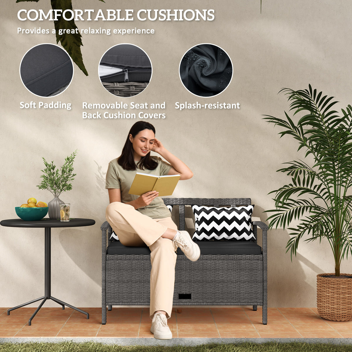 Two-Seater Outdoor Rattan Storage Bench 160L Capacity - Grey