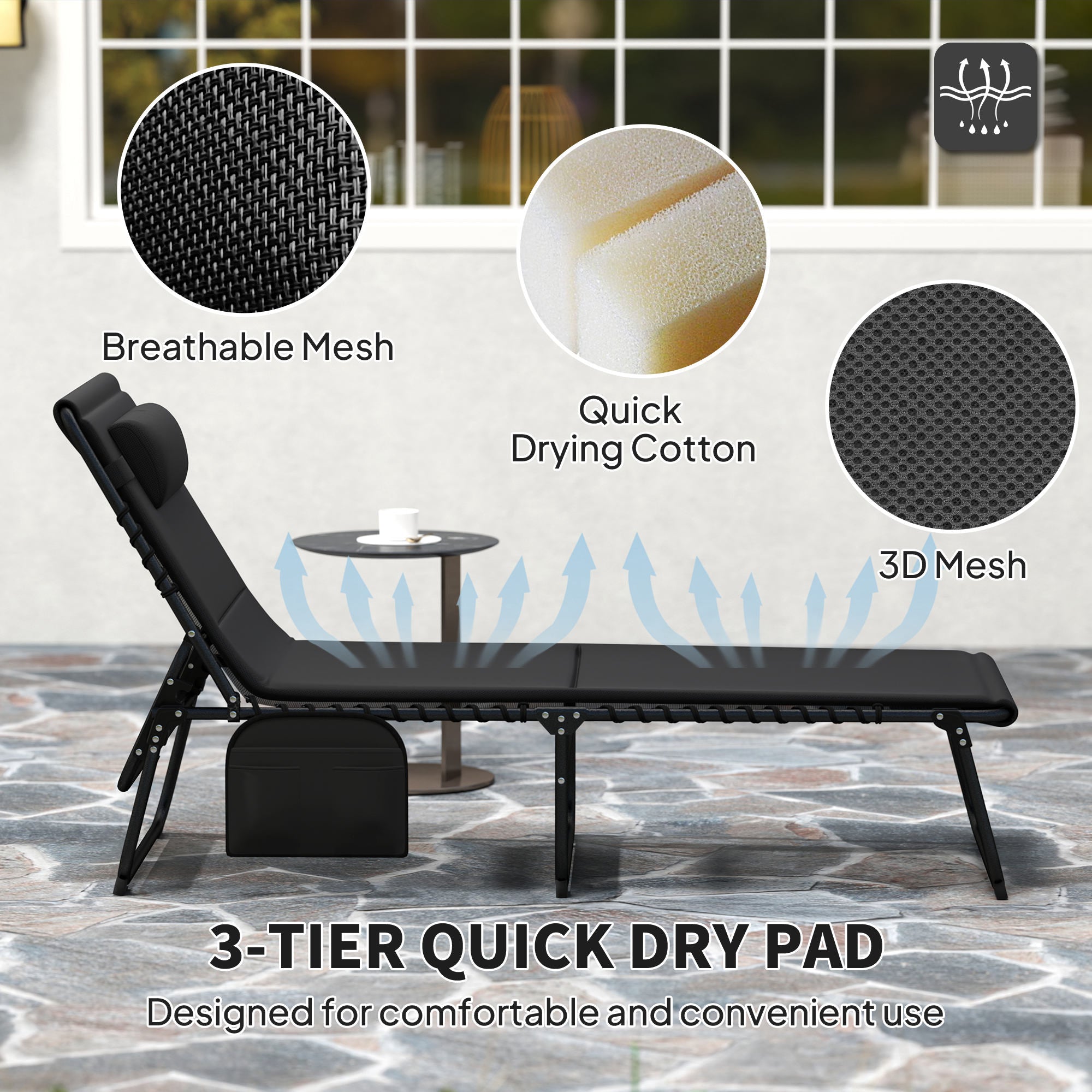 Set of 2 Folding Recliner Sun Loungers with Quick Drying Pad & Side Pocket - Black