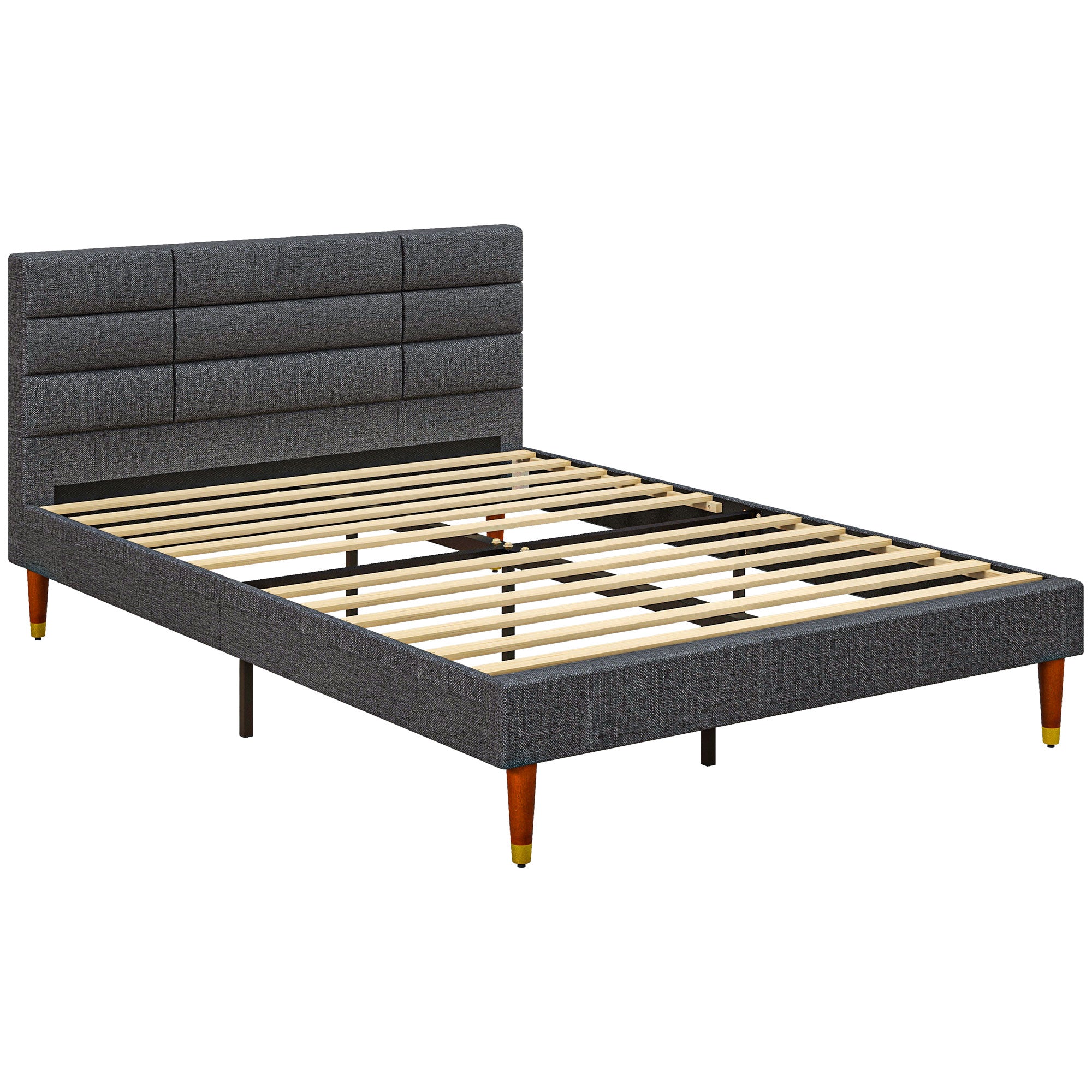 Upholstered Double Bed Frame, with Slats - Grey