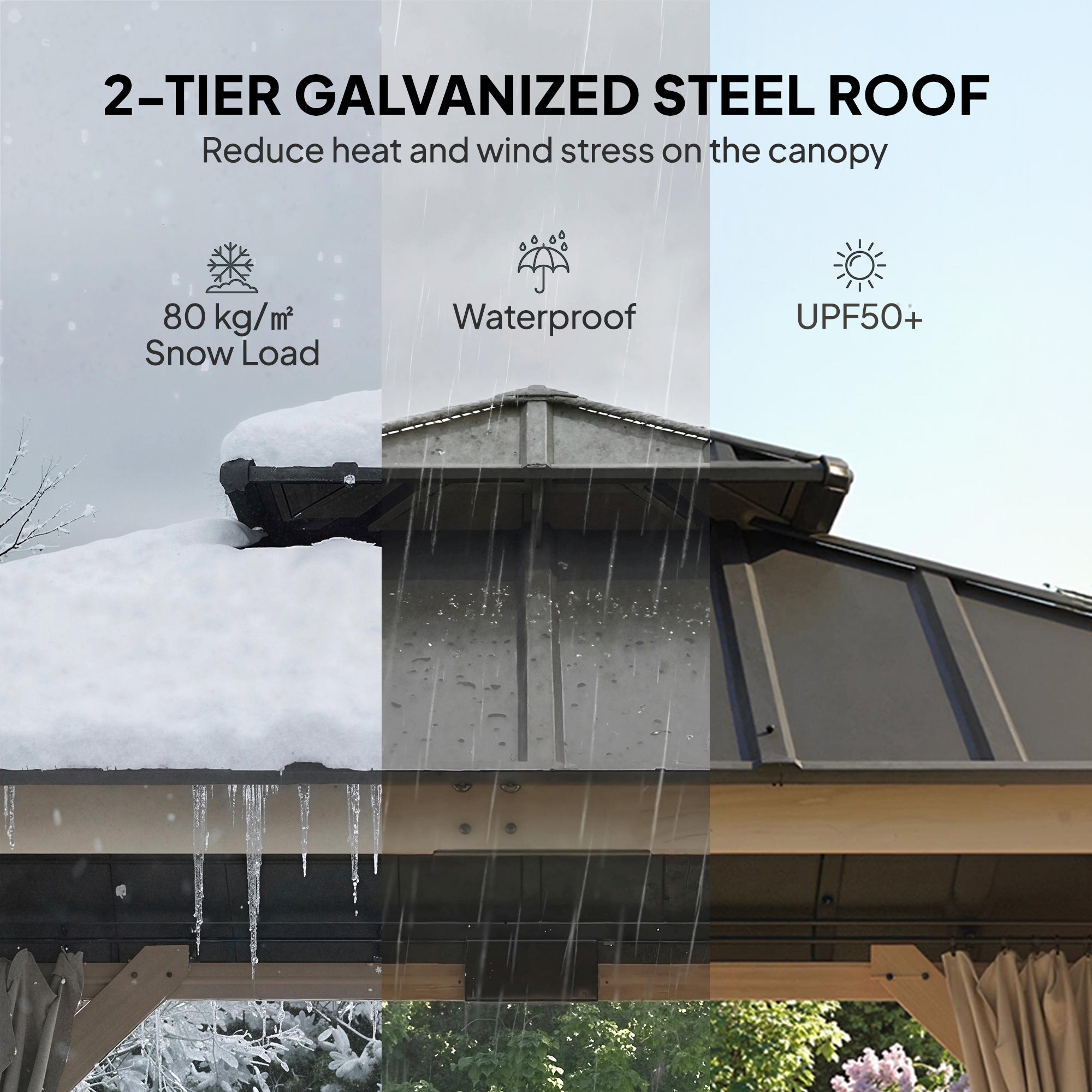 3 x 3 m Outdoor Hardtop Gazebo Canopy with 2-Tier Steel Roof, Wood Garden Gazebo with Curtains, Light Grey