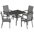 5 Pieces Outdoor Dining Set for 4, Garden Table and Stackable Chairs with Breathable Mesh Seat and Parasol Hole, Grey