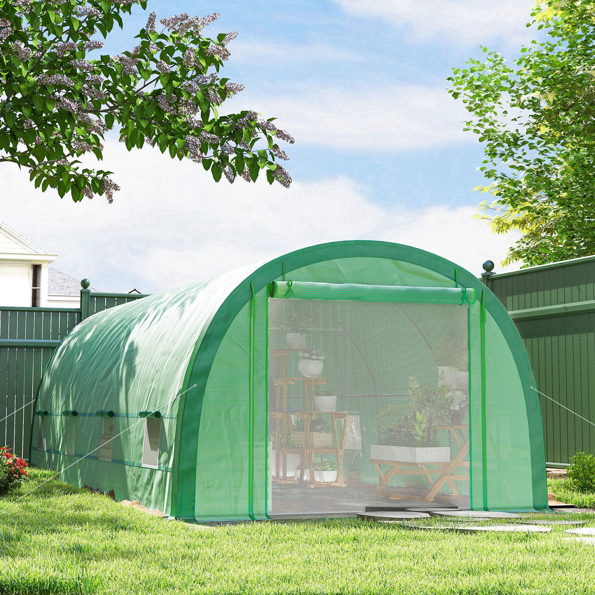6 x 3(m) Polytunnel Greenhouse with Upgraded Structure, Mesh Door and Windows, 15 Plant Labels, Green
