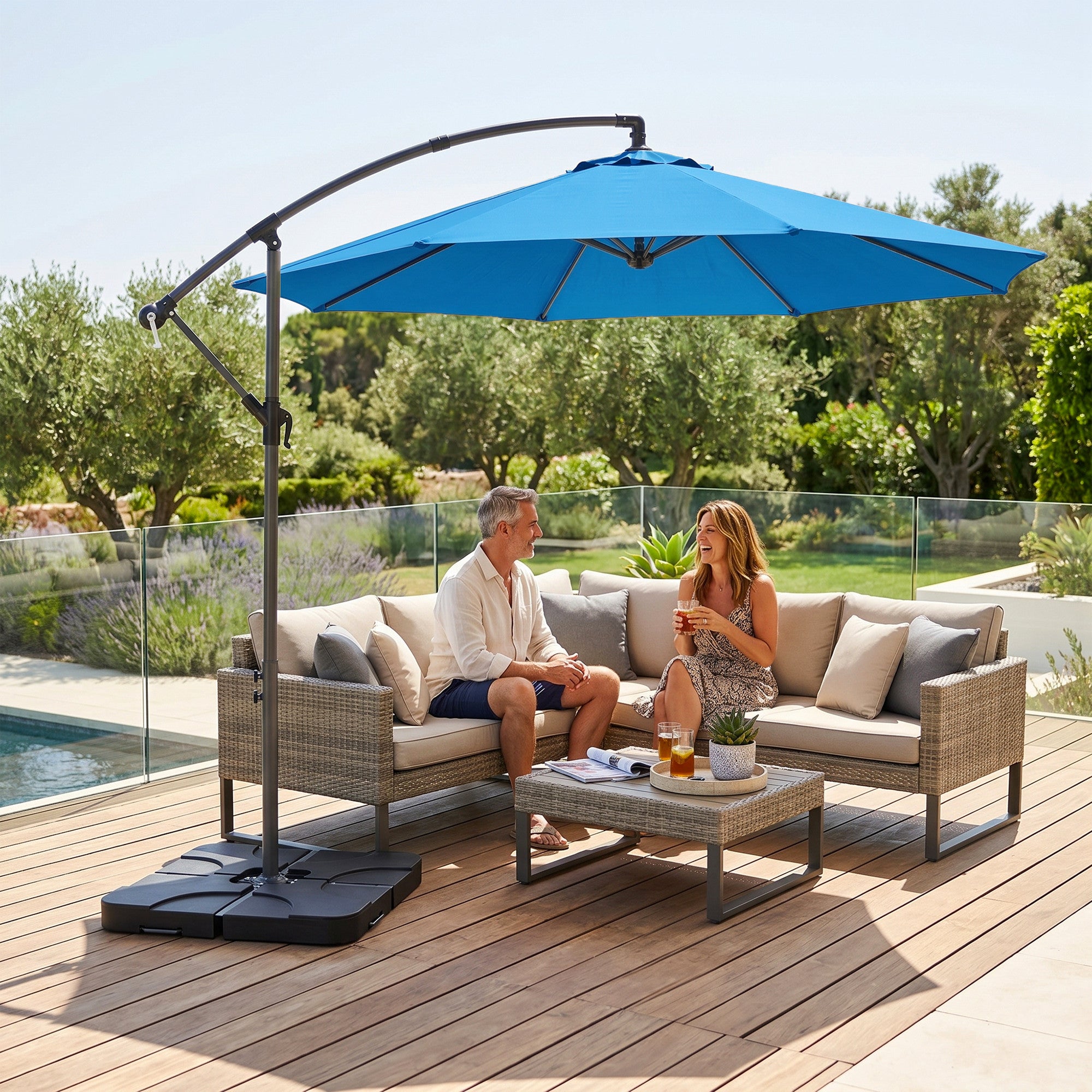 3m Overhanging Parasol, with Base, Weights and Cover - Blue