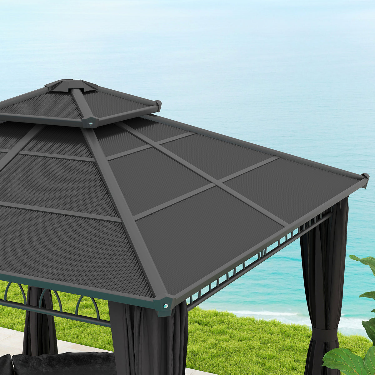 3 x 3 m Outdoor Polycarbonate Double Roof Gazebo with Steel Frame, Nettings & Curtains - Dark Grey