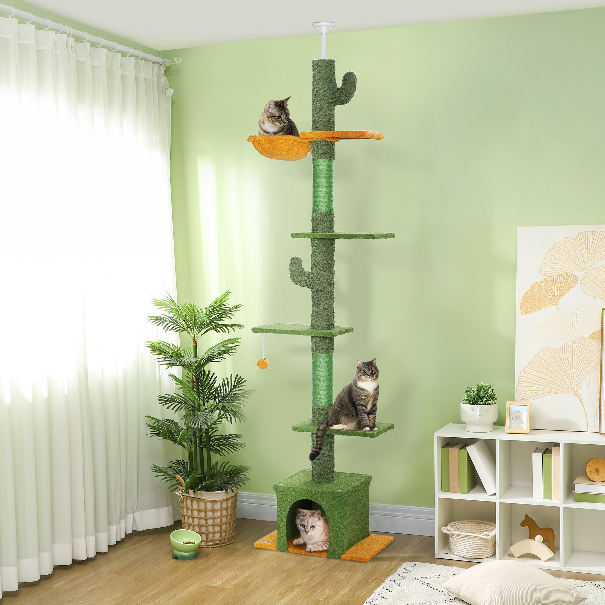 230-275cm Floor-to-Ceiling Adjustable Cat Tree with Scratching Posts, Hammock