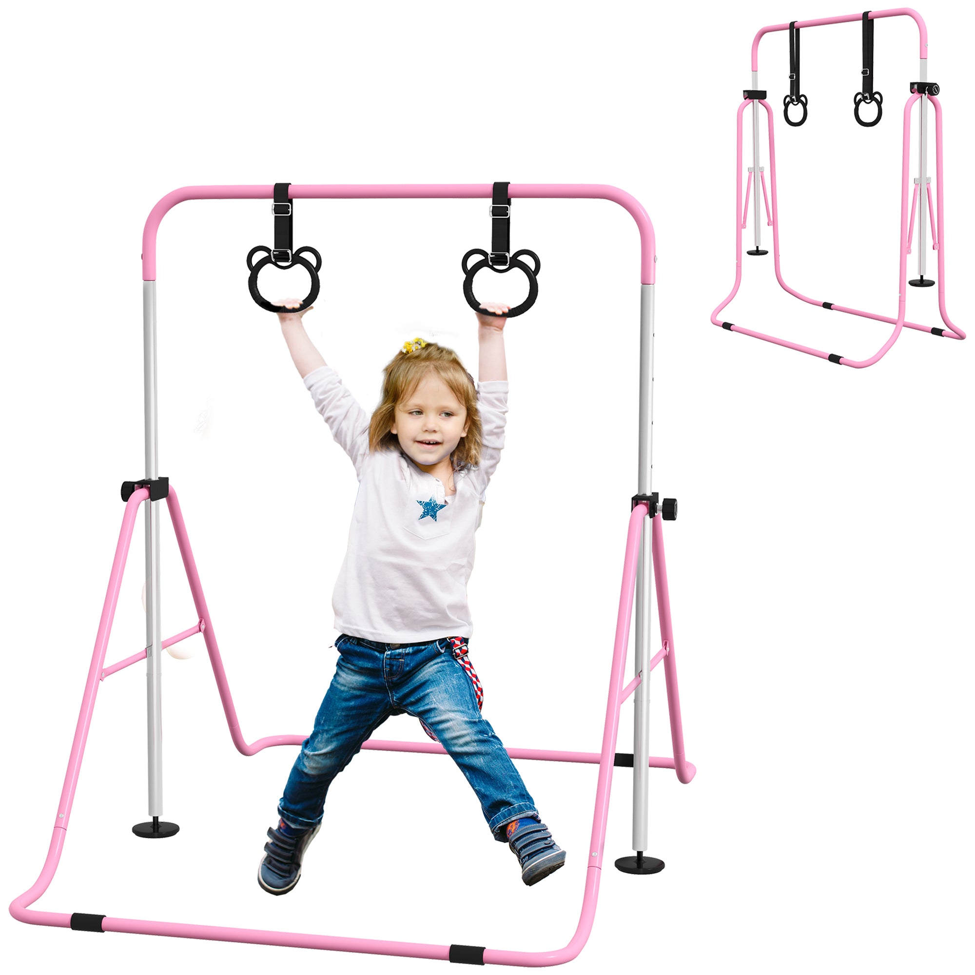 Adjustable Height, Foldable Kids Gymnastics Bar w/ Non-Slip Mats, for 3+ Years, Pink