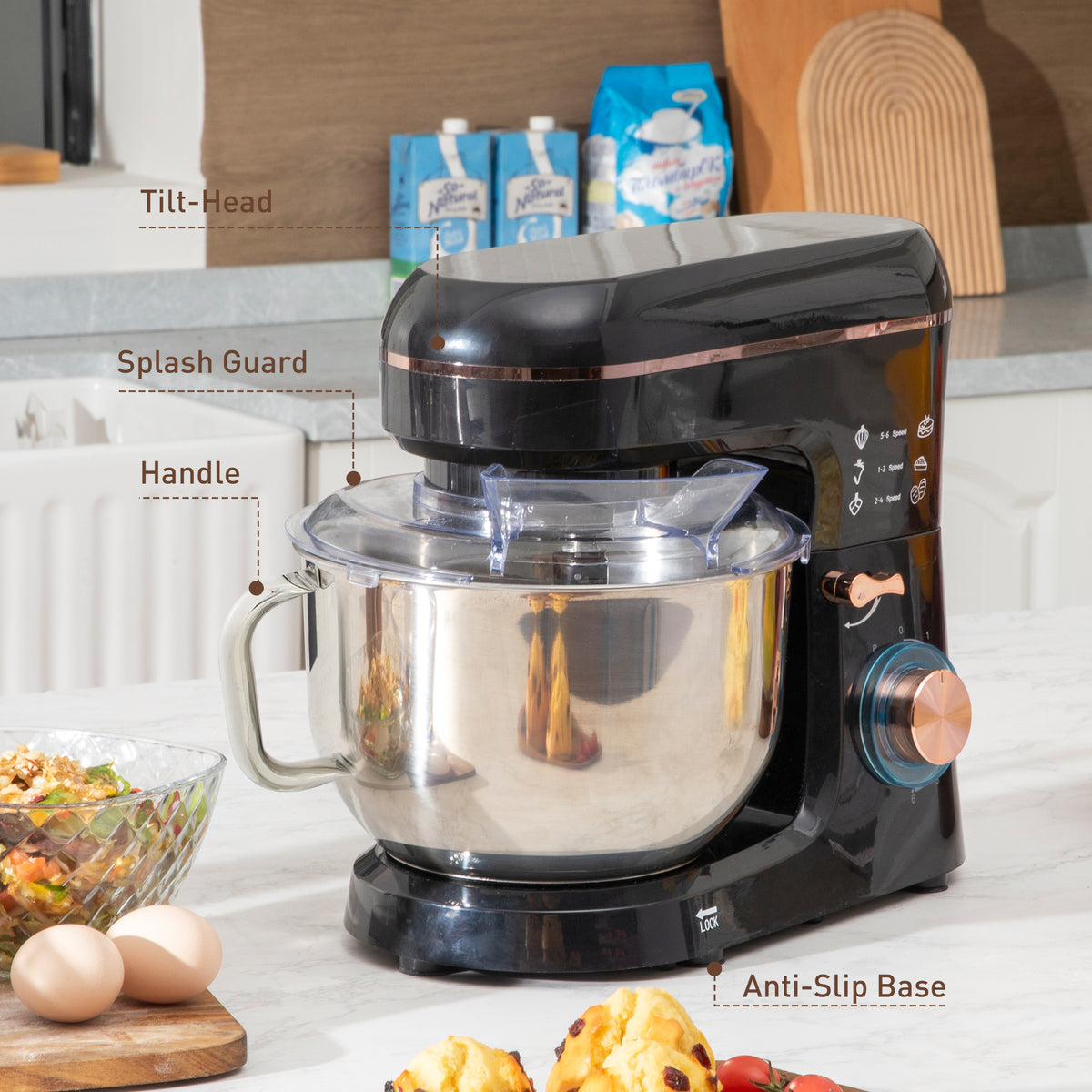 5L Stand Mixer with 1400W Motor, 6 Speeds & Pulse, Dough Hook, Whisk, Beater, Stainless Steel Bowl, Splash Guard - Black