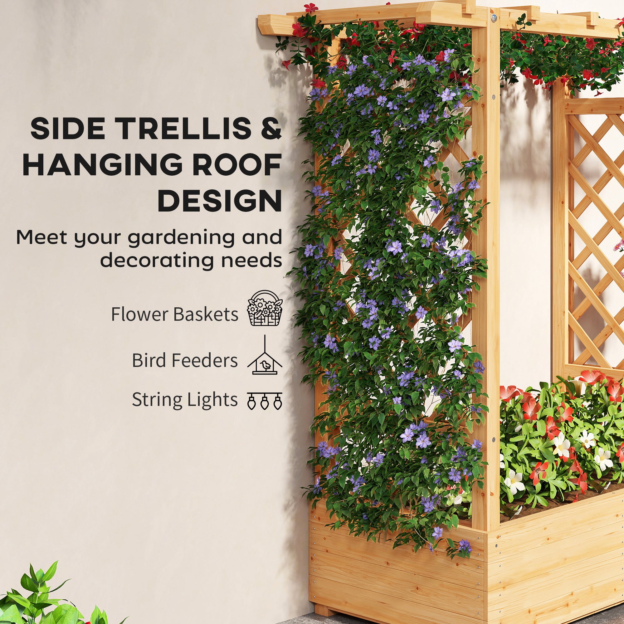 Garden Planter with Trellis, Wooden Raised Bed for Garden with Hanging Roof and Drainage Holes, Outdoor Trellis Planter Box for Vegetables, Herbs and Flowers, 110 x 44 x 113 cm, Natural