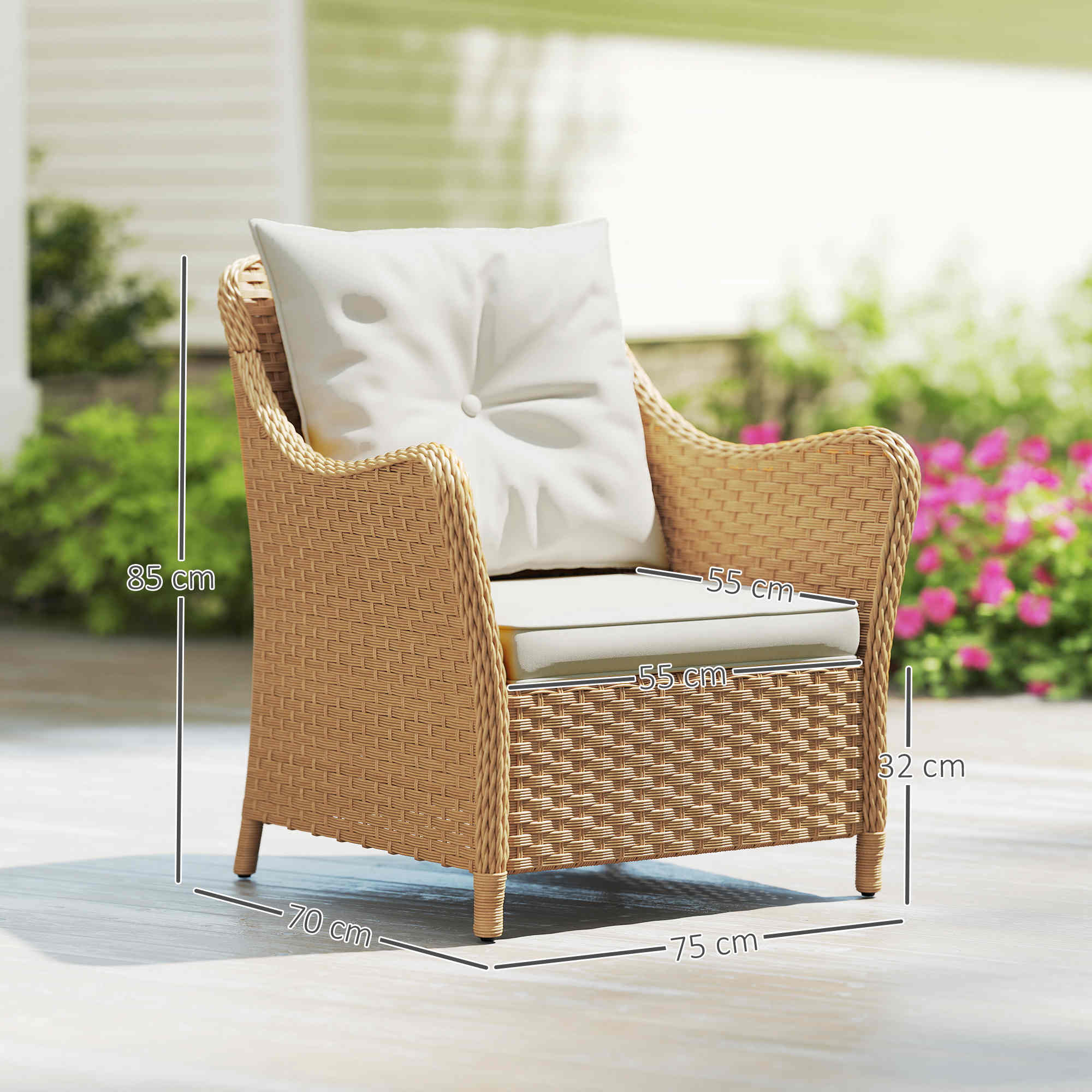 Rattan Garden Chairs Set of 2, Outdoor Rattan Chairs with Cushions, Armrests and High Back, PE Wicker Garden Armchair with Steel Frame for Balcony, Porch, Beige