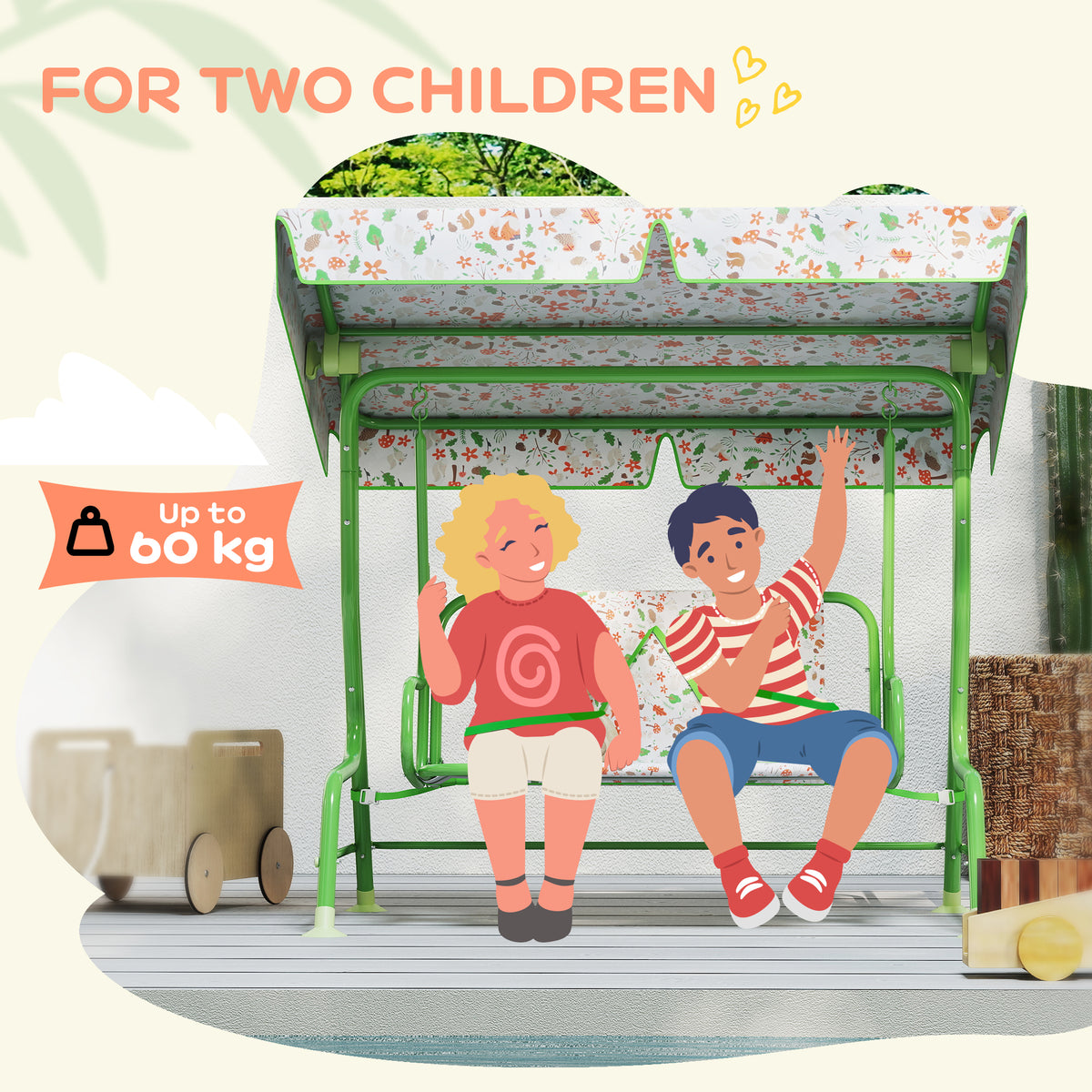 2 Seater Kids Garden Swing Bench with Adjustable Canopy - Green