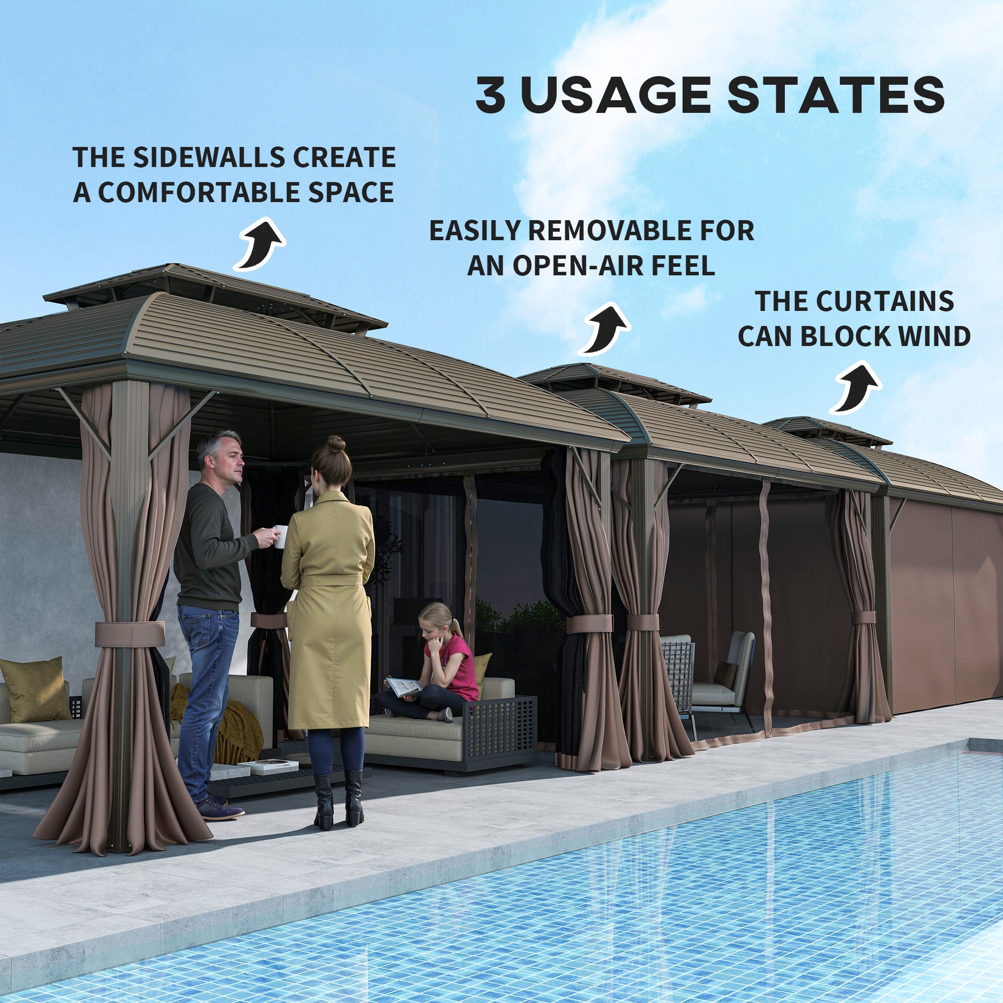 3.65 x 3m Hardtop Steel Gazebo Canopy with Aluminium Frame, Double Roof, Net Sidewalls & Curtains - Coffee
