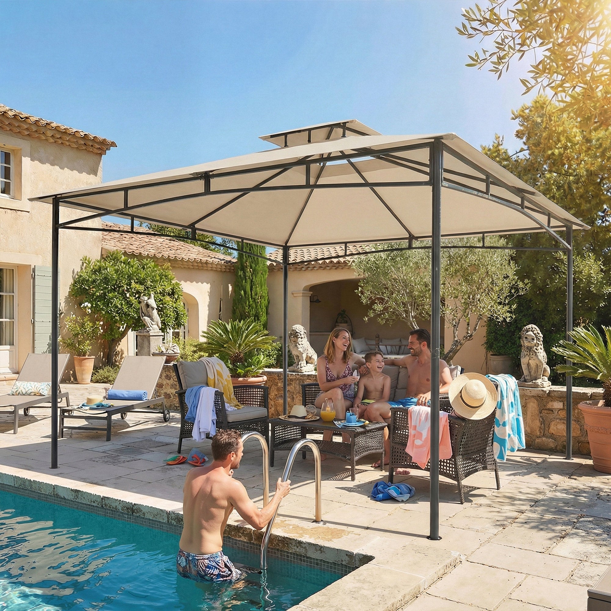 3 x 3 m Gazebo, Garden Gazebo with 2-Tier Roof, Metal Frame, Khaki