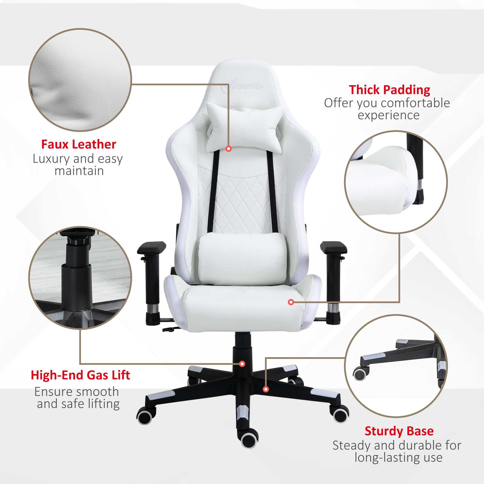 Gaming Chair with RGB LED Light, 2D Arm, Lumbar Support, Height Adjustable Swivel Office Computer Recliner, Racing Gamer Desk Chair for Home, White