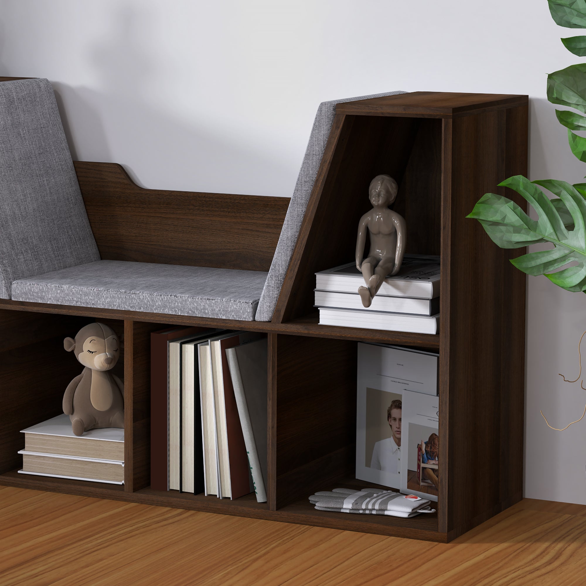 Bookcase Storage Shelf with Cushioned Reading Seat and Cube Organizer - Chestnut