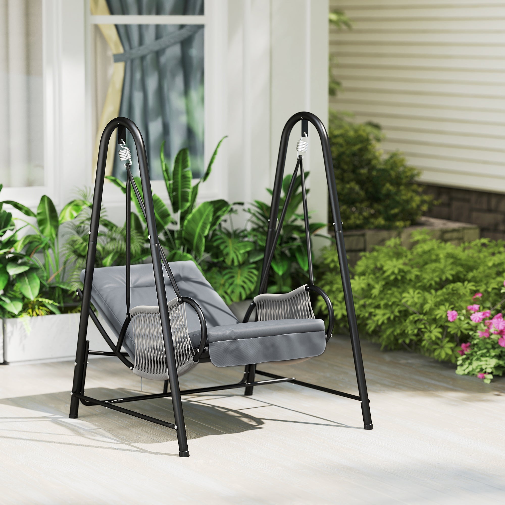 Rattan Outdoor Hanging Swing Chair with Stand and Cushion Light Grey