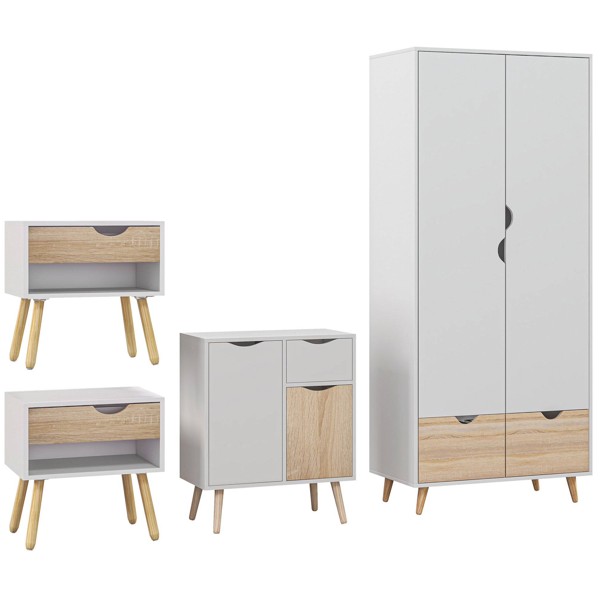 Bedroom Furniture Set, Wardrobe with Hanging Rail, Bedside Table, Floor Cabinet with Storage, Nature Wood Finish and White