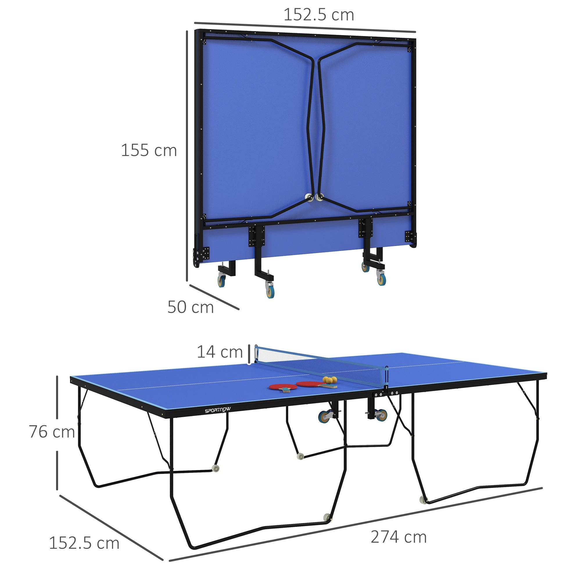 9FT Folding Table Tennis Table, with 8 Wheels, for Indoor Use - Blue