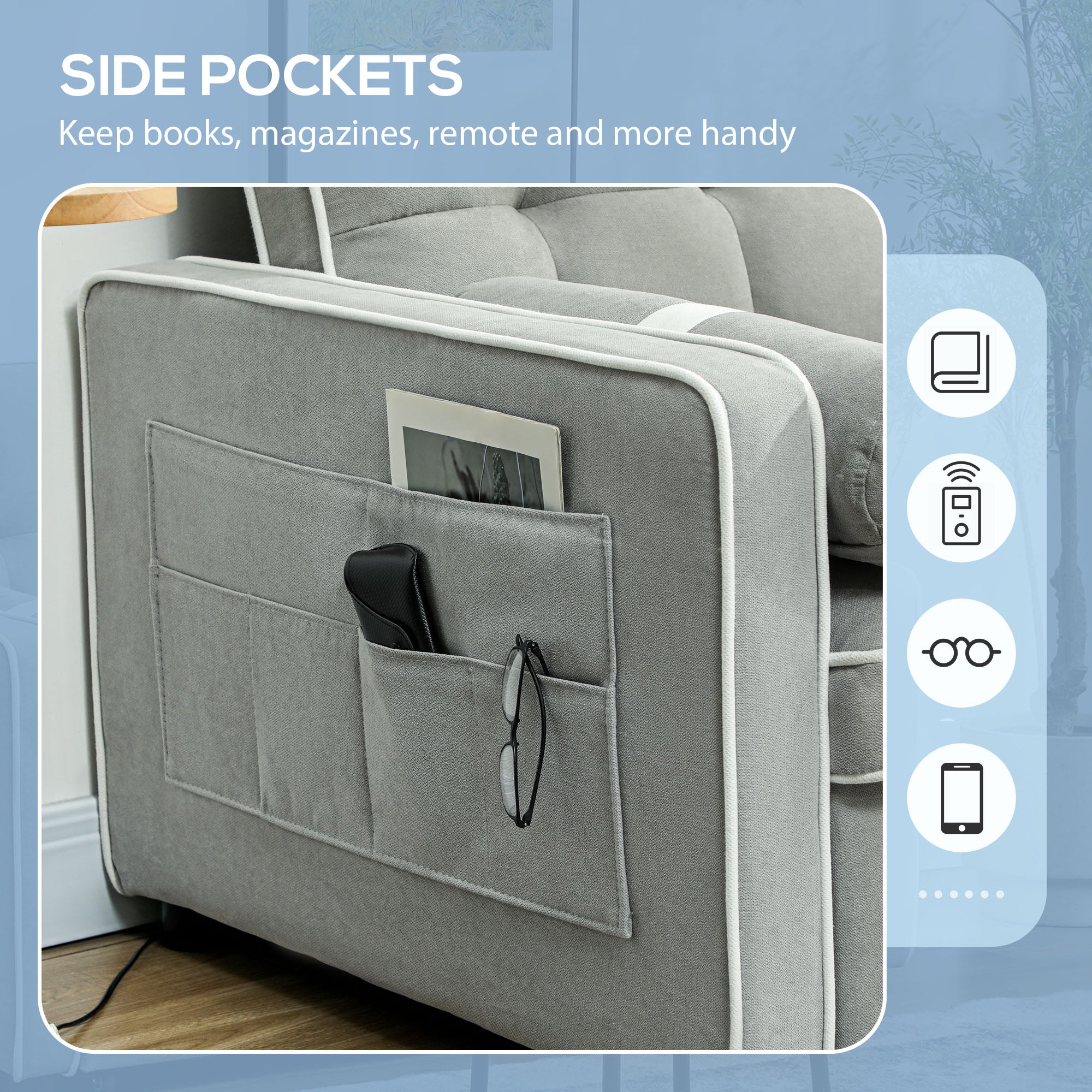 Two-Seater Linen-Look Sofa Bed with Recliner and Storage Pockets - Light Grey