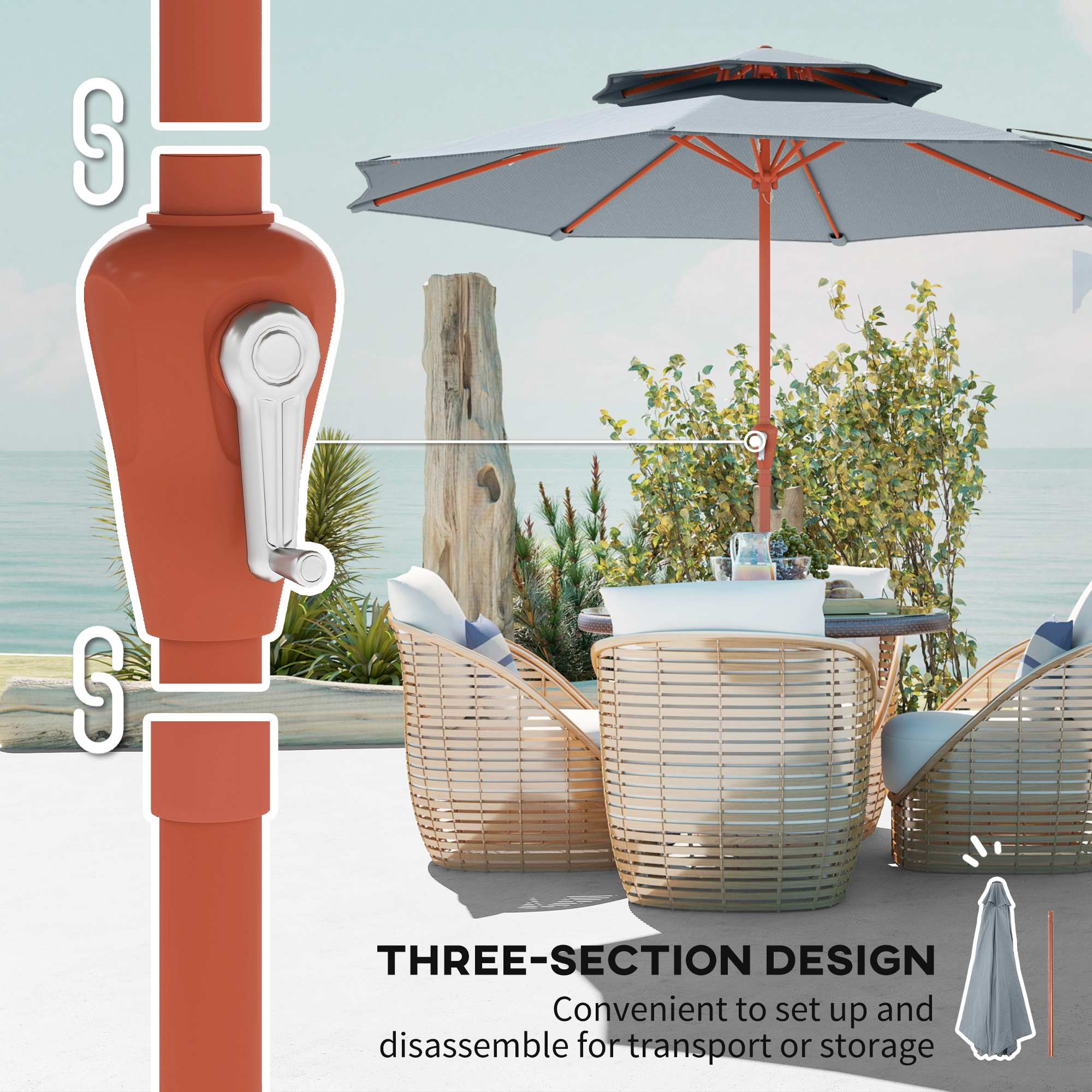 2.7 m Garden Parasol with Double Top Outdoor Market Table Umbrella with Crank System, Light Grey
