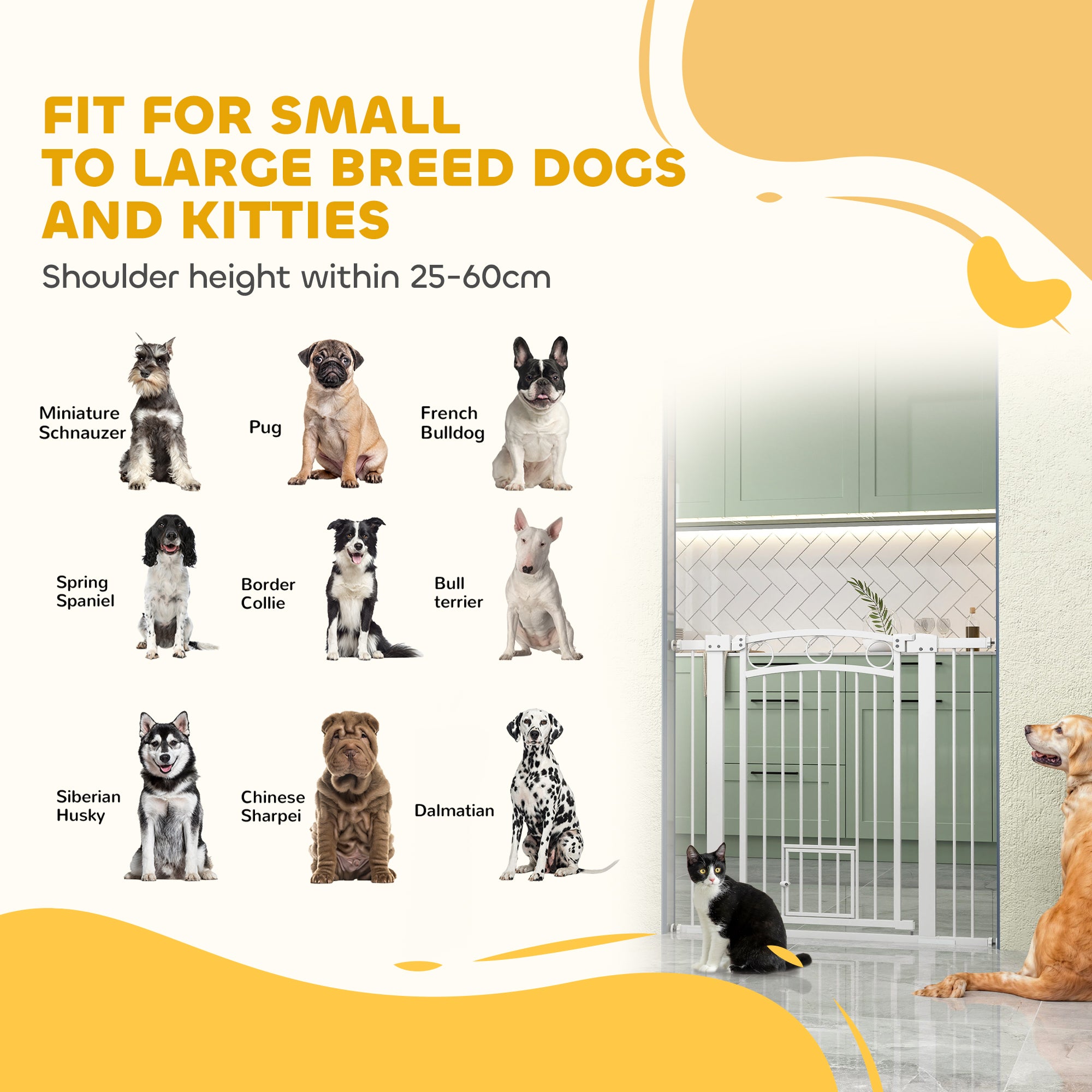 96cm Tall Dog Gate with Cat Door, 7cm and 14cm Extensions, for Stairs & Doorways, 76-104cm Width