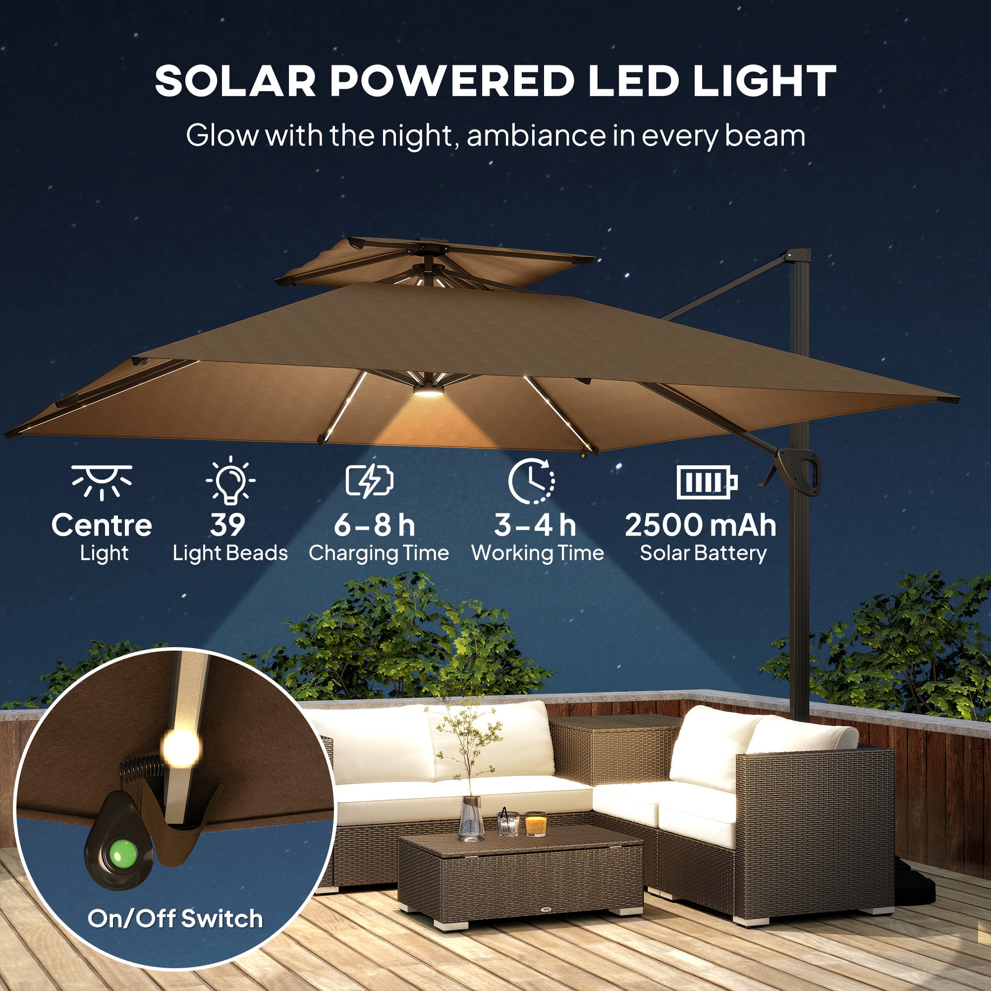 Multi-Angle LED Light Parasol Umbrella - Khaki