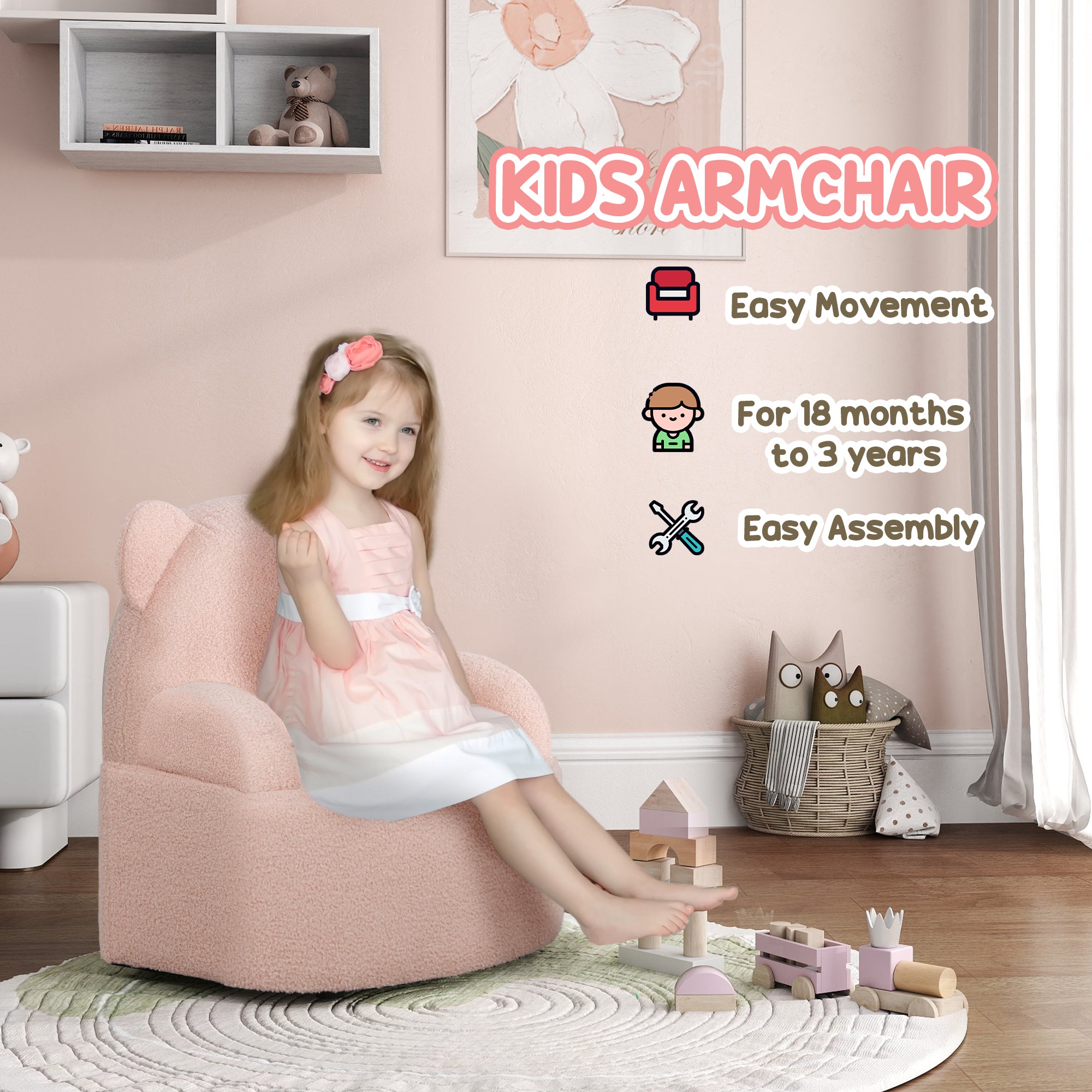 Kids Armchair, Bear Shaped Toddler Chair for Bedroom Playroom Living Room, Aged 18 Months to 3 Years - Pink