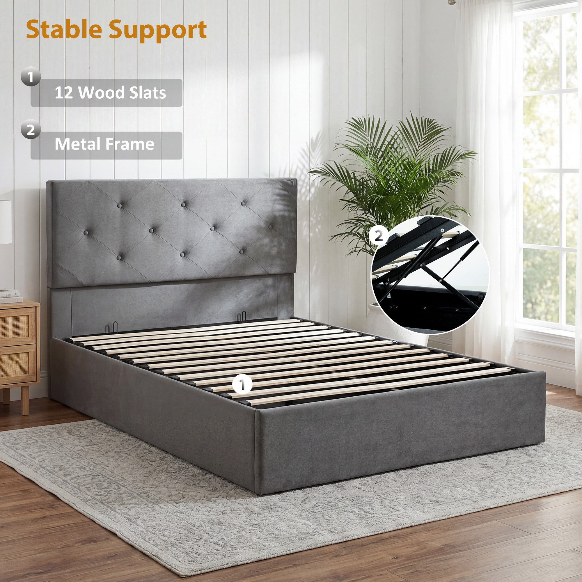 Double Bed Frame Gas End Lift Under Bed Storage Upholstered Platform Bed Tufted Headboard for 140 x 190 cm Mattress