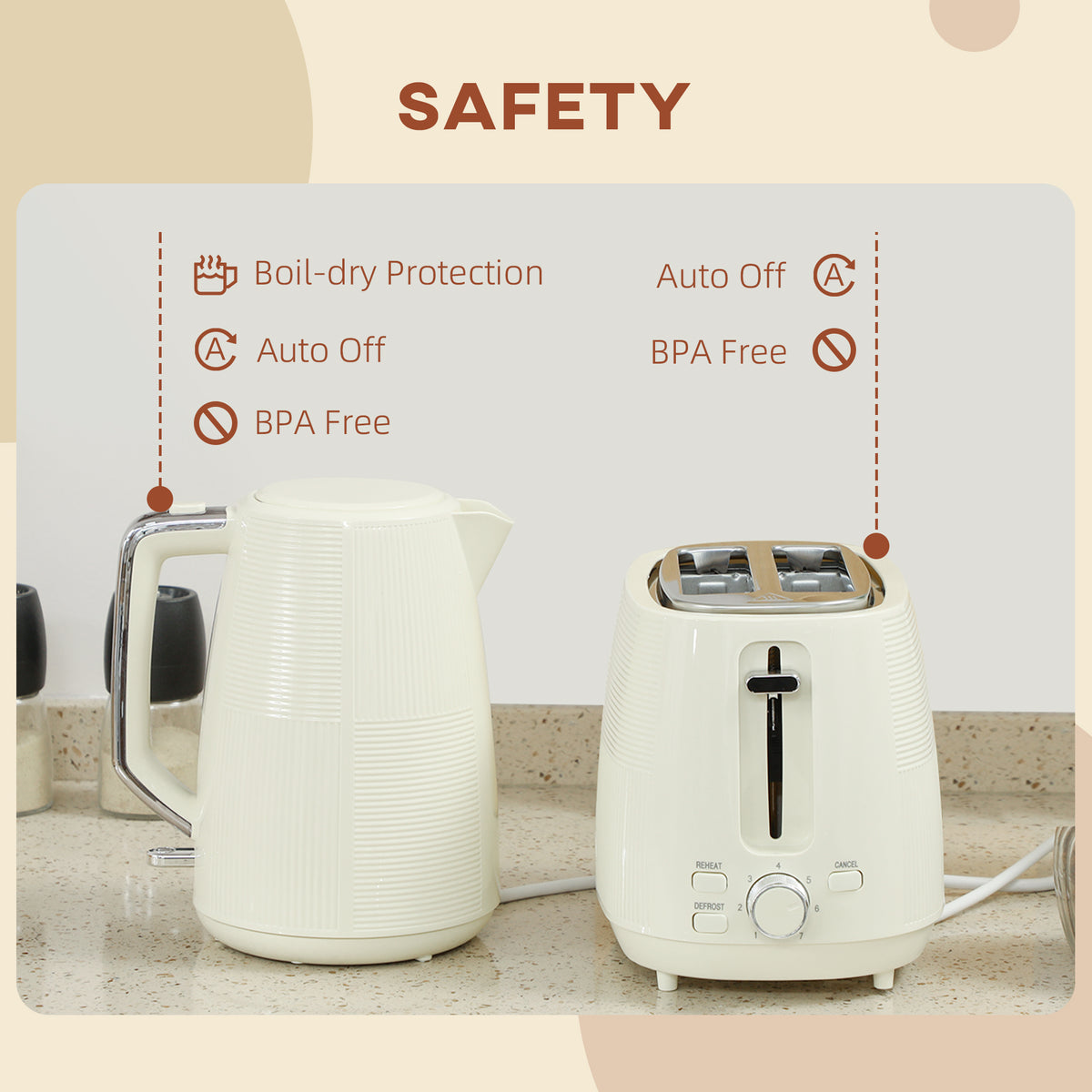 1.7L 3000W Fast Boil Kettle & 2-Slice Toaster Set with 7 Browning Levels, Defrost & Reheat - Cream White