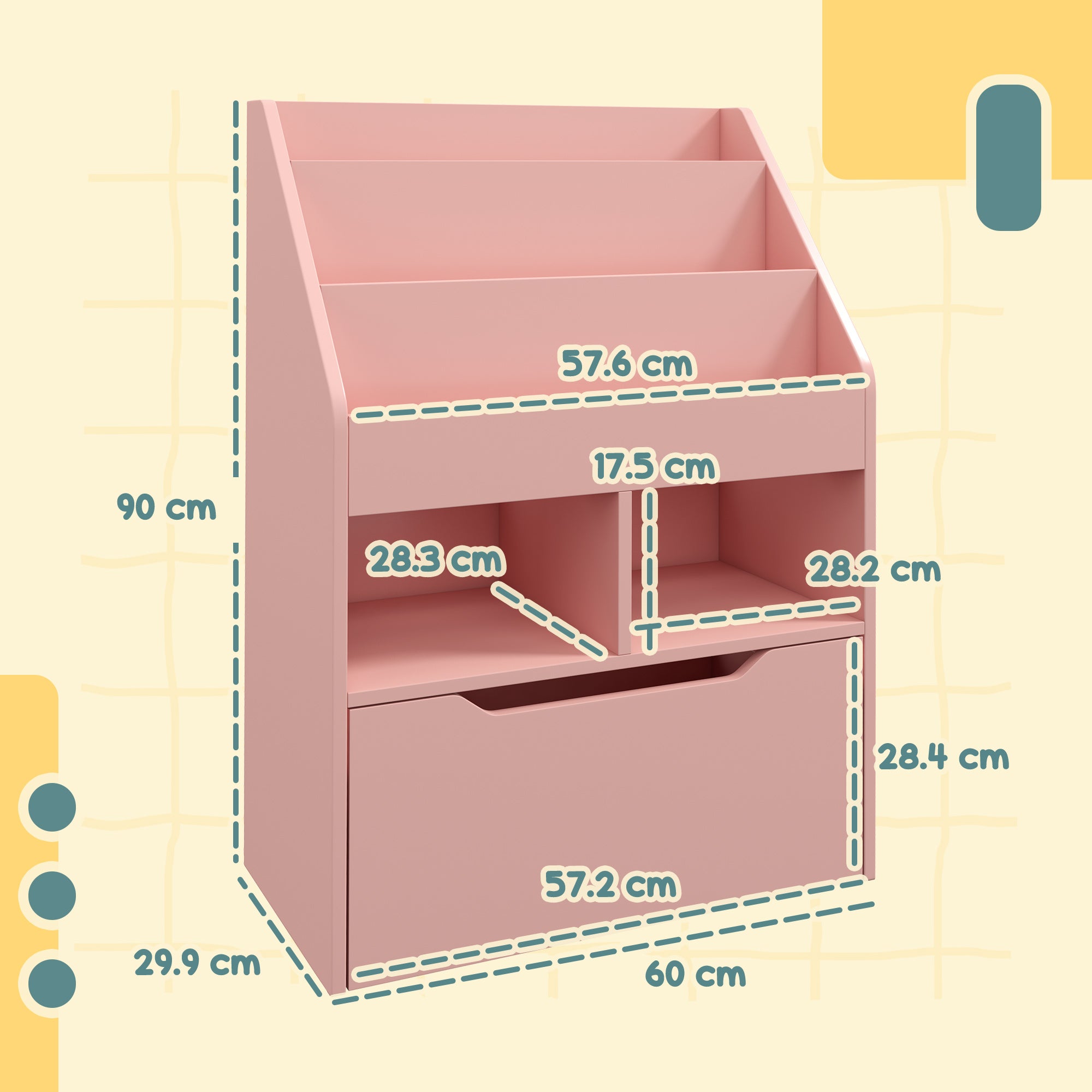 Kids Bookshelf with Storage Drawer and Wheels - Pink