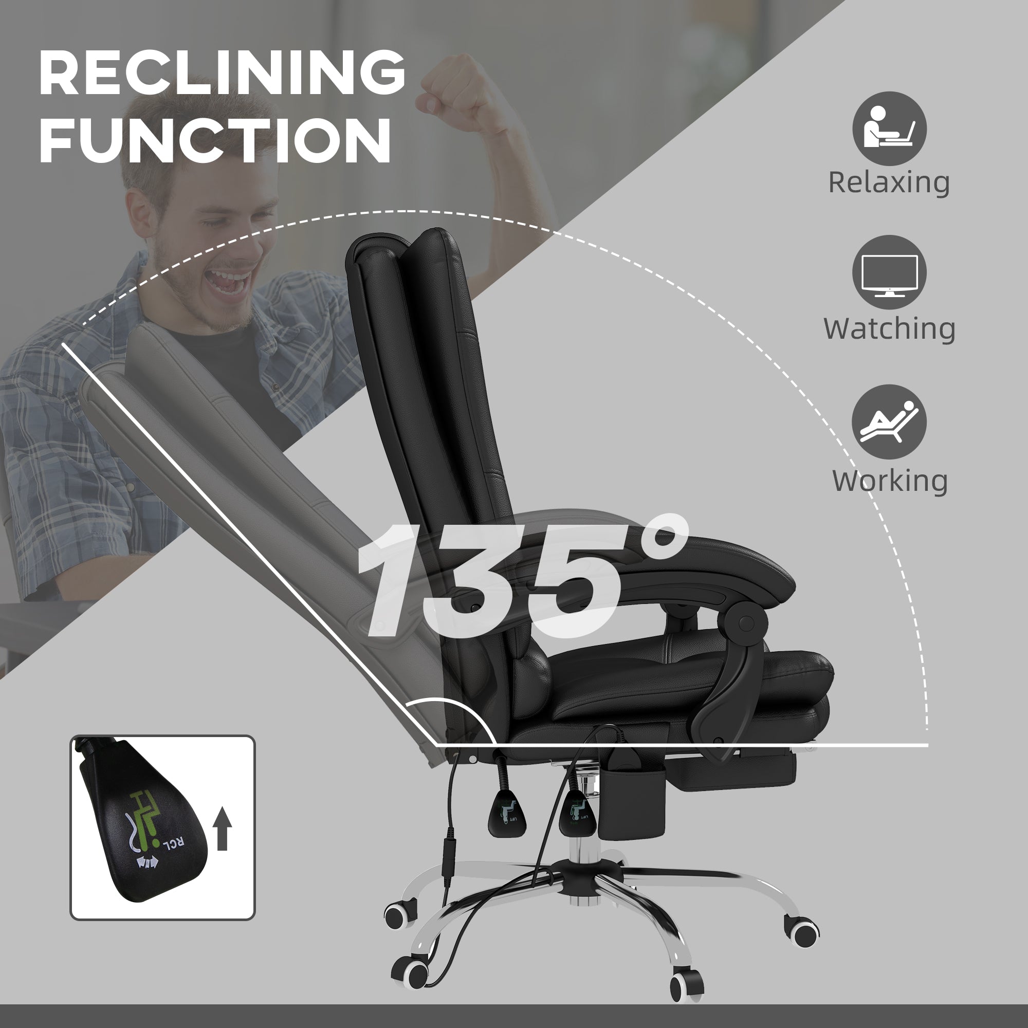 High Back Vibration Massage Office Chair, Heated Reclining PU Leather Computer Chair with 135° Reclining Back and Footrest, Black