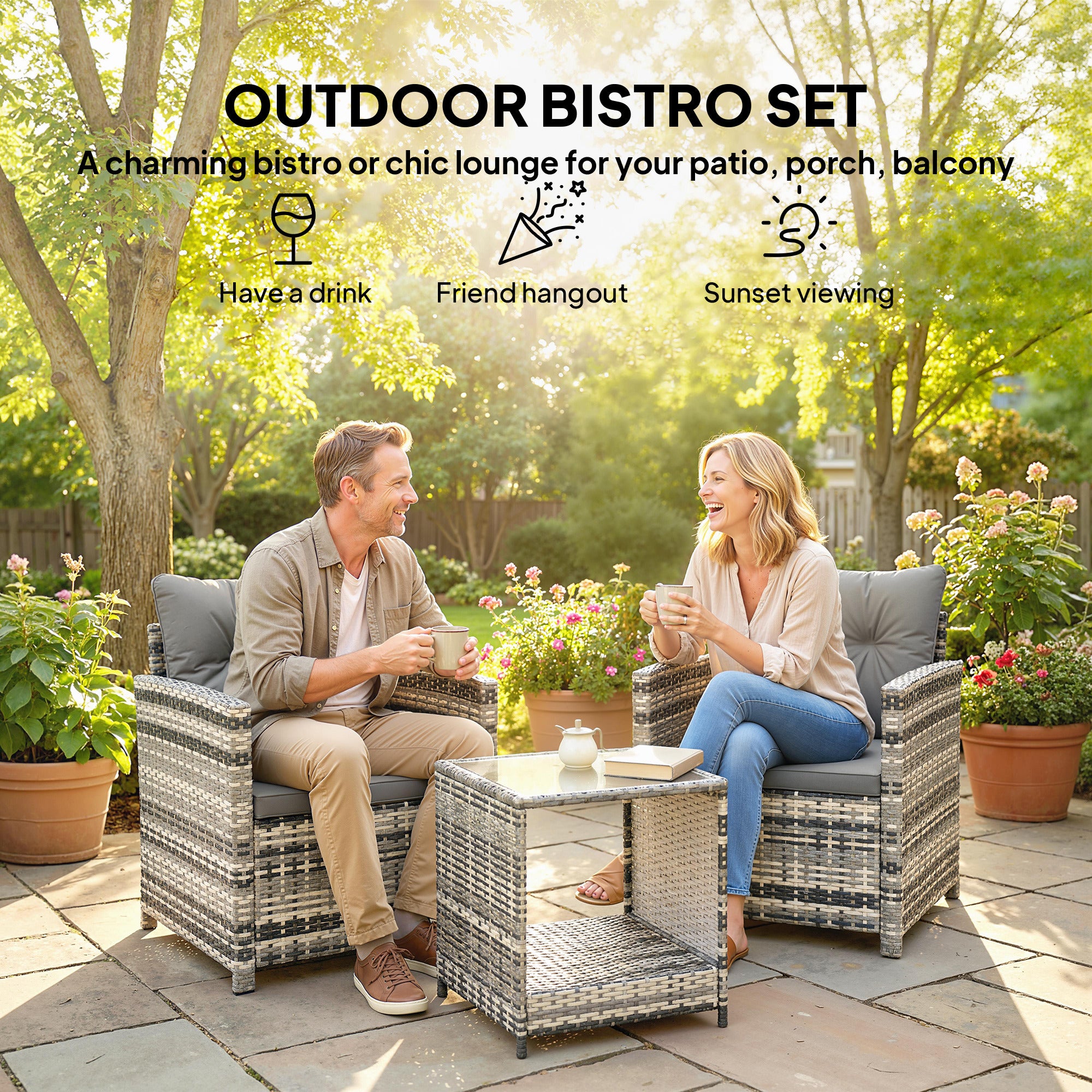 Rattan Bistro Set, 3 Piece Garden Furniture Set with 2 Tier Glass Top Table and Cushions, Mixed Grey