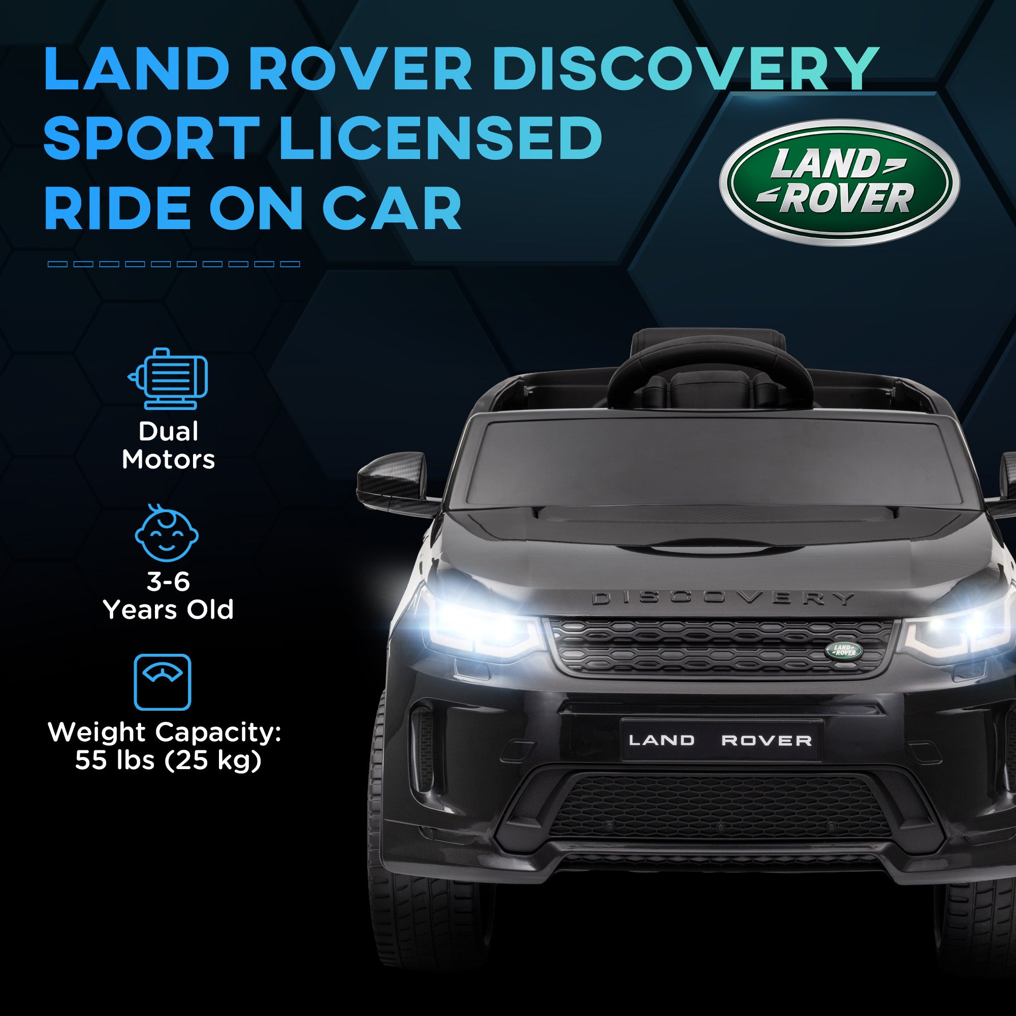 Land Rover Discovery Sport Licensed 12V Kids Ride on Car w/ Remote Control, Lights Music Horn, for 3-6 Years Black