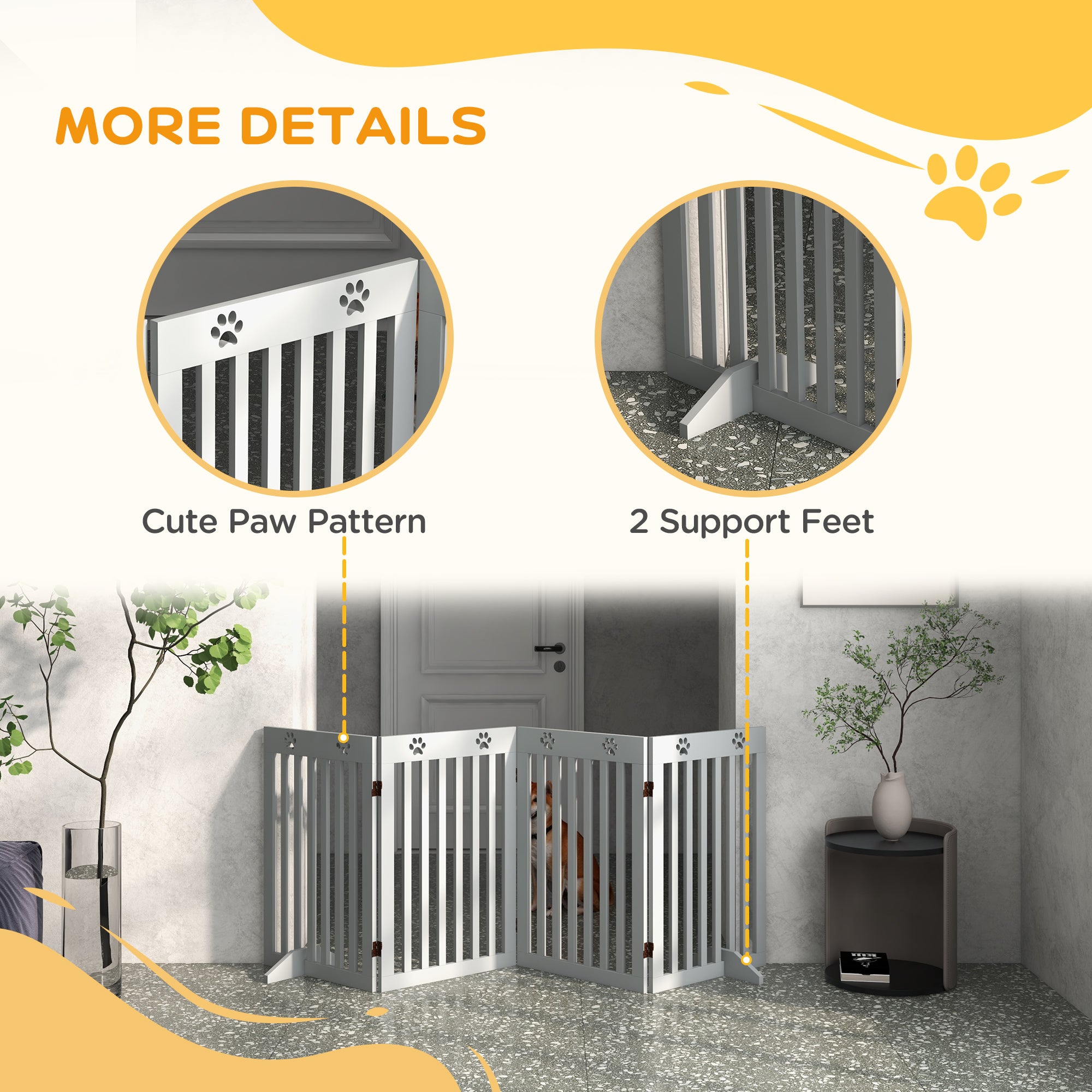 Wooden Pet Gate Foldable Freestanding Dog Safety Barrier w/ Support Feet, Grey