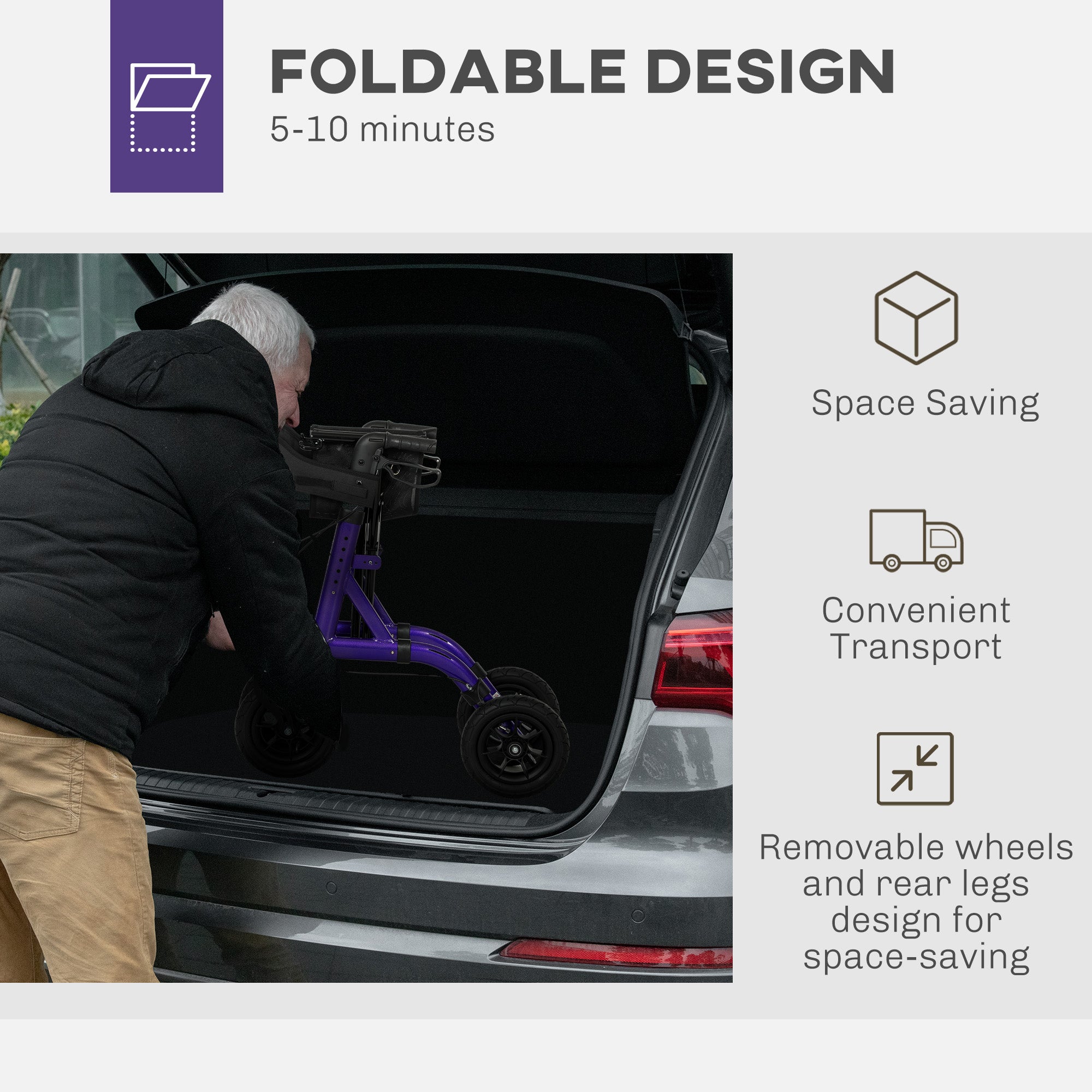 Folding Rollator Walker with Seat, Backrest, Lightweight Walking Frame with Storage Bag, Dual Brakes, All-terrain Wheels, Adjustable Handle Height, 4 Wheeled Walker for Seniors, Purple