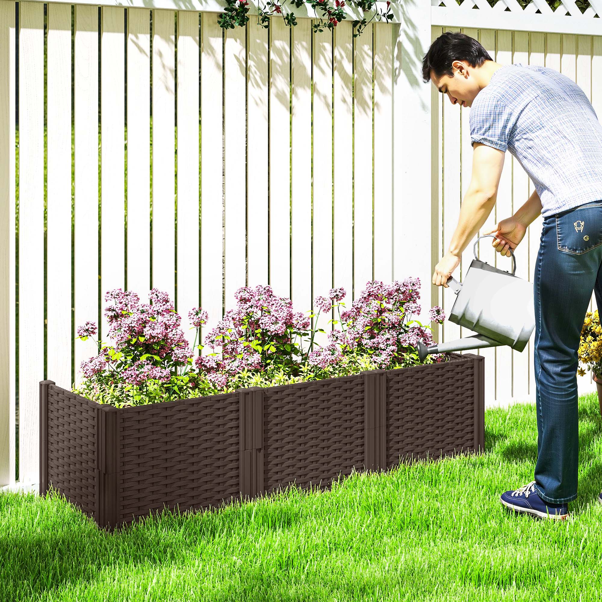 Modular Plastic Raised Garden Bed Kit with Fence Edging - Brown