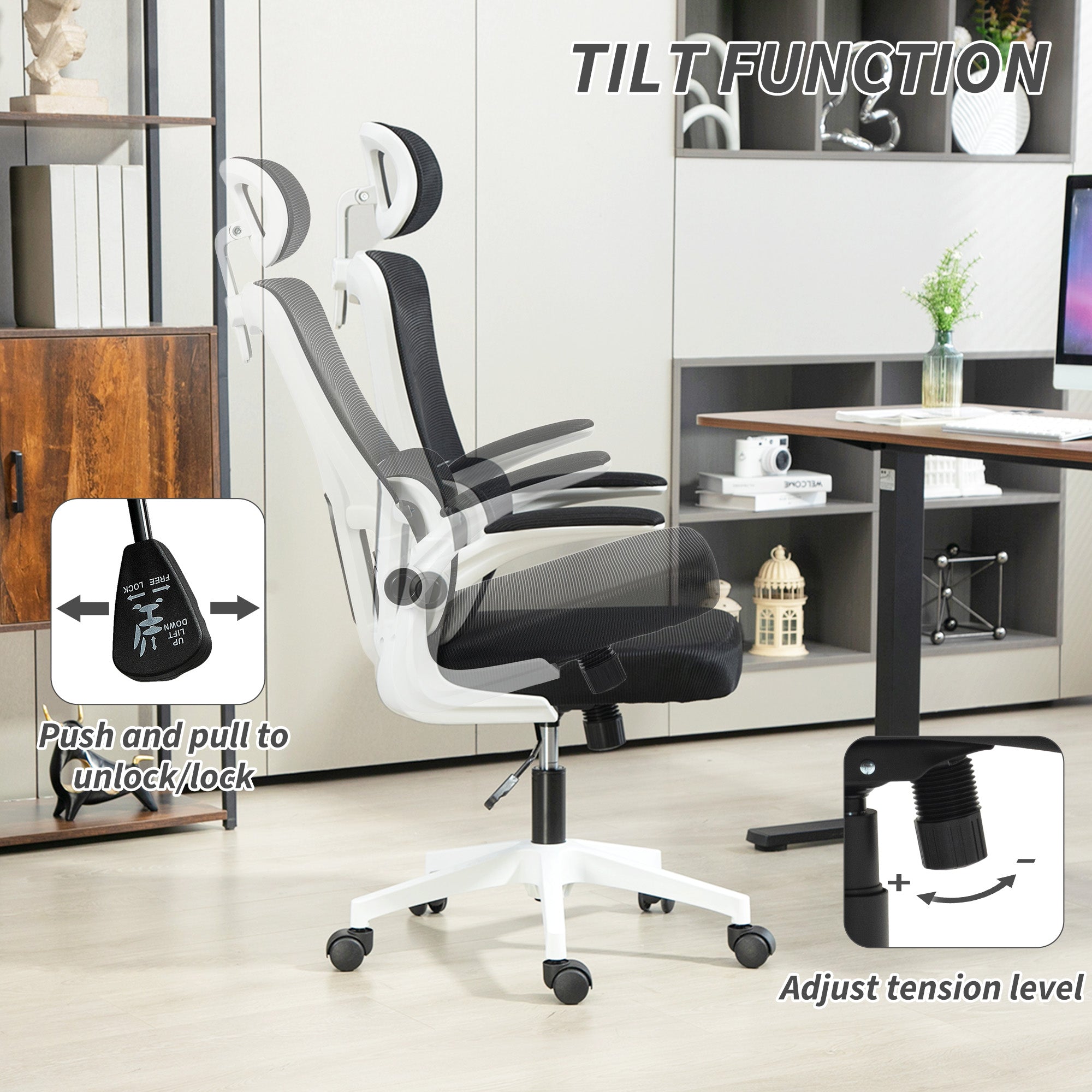 Ergonomic Office Chair, High Back Mesh Computer Desk Chair with Adjustable Headrest and Lumbar Support, Rotatable Armrests, Tilt Function for Home Office, Black