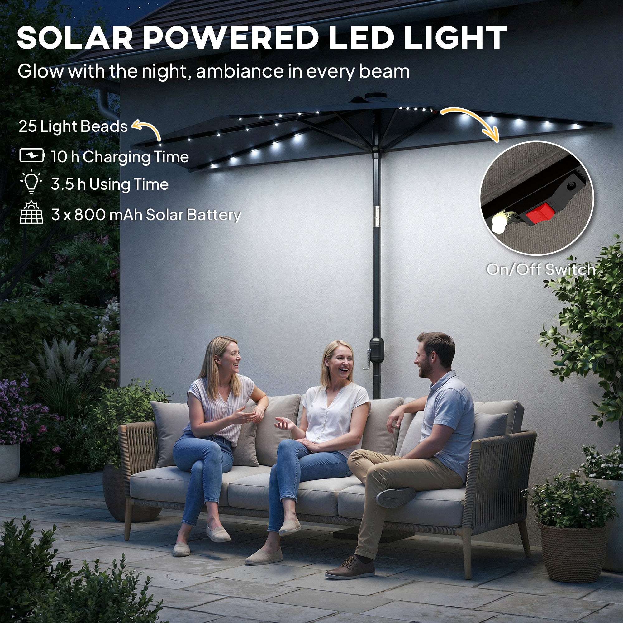 2.6 m Half Garden Parasol with Solar LED Lights, UPF50+ Semi Round Umbrella with 30° Tilt, Crank Handle, Dark Grey