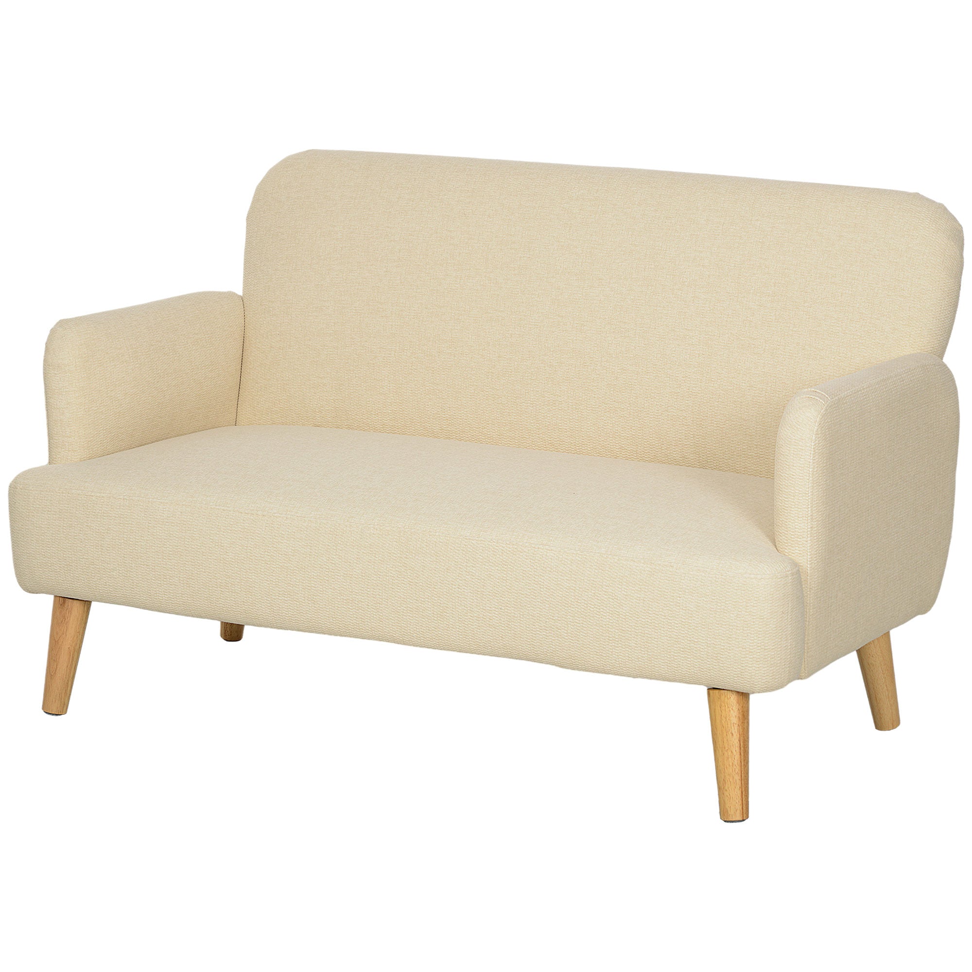 Velvet Feel Fabric 2 Seater Sofa, Small Sofa Loveseat with 21cm Thick Padding and Wood Legs, Cream White