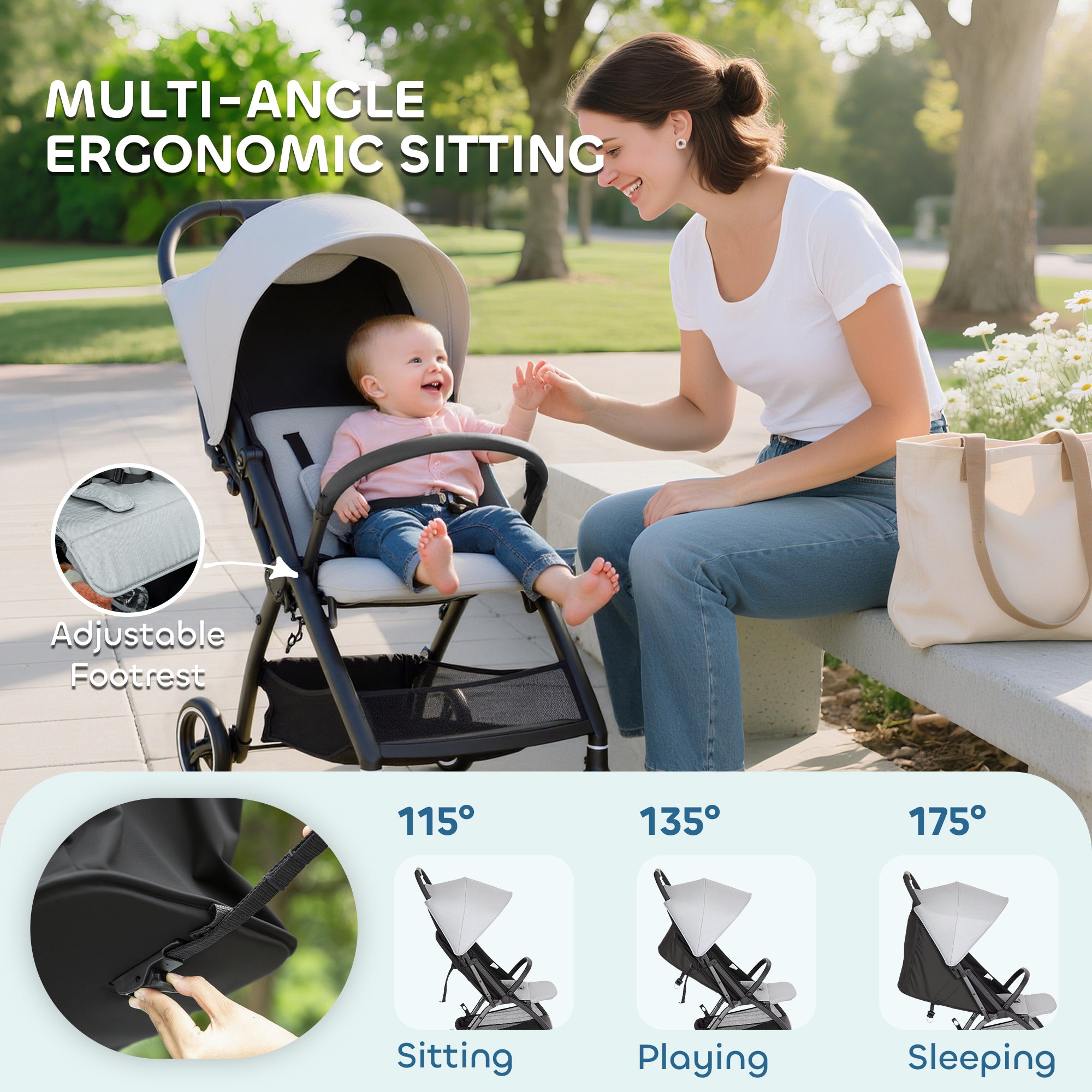 Travel Stroller, Lightweight Pushchair, Compact Buggy with Canopy, Basket and Multi-Position Recline, Light Grey