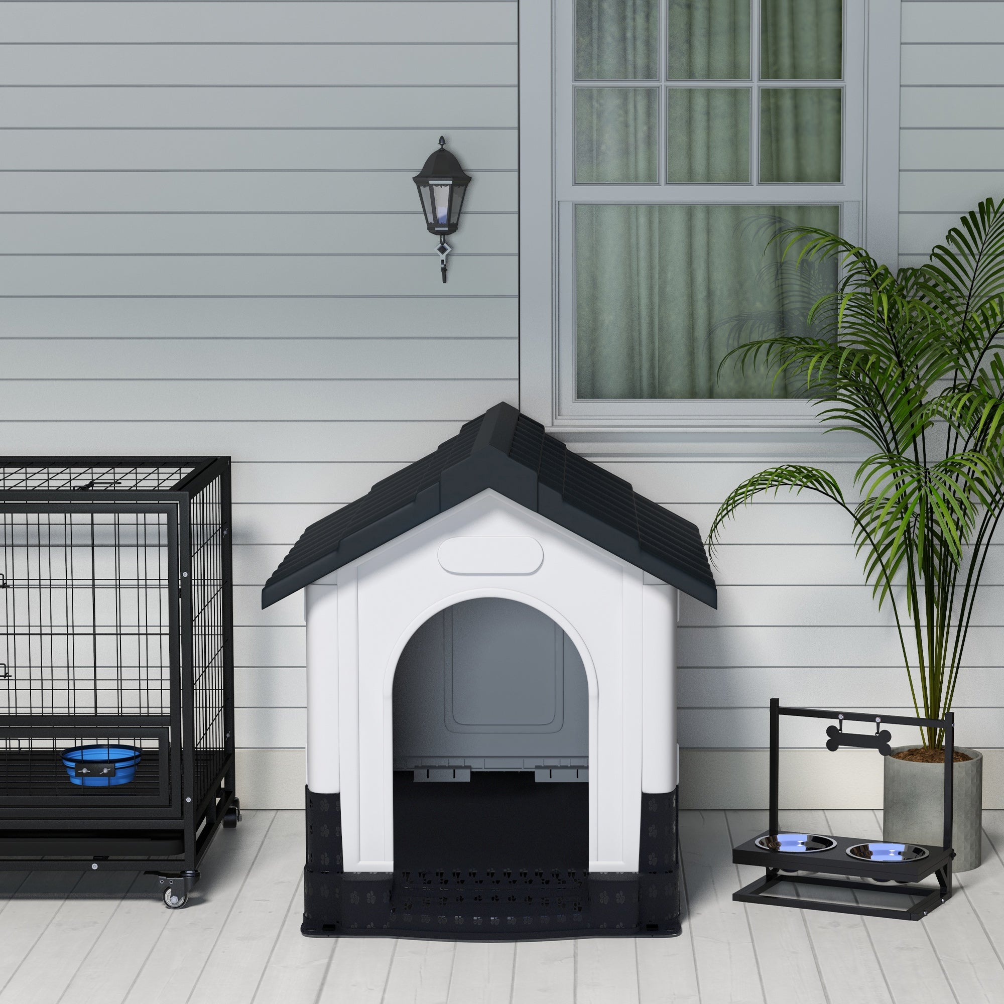 Plastic Dog Kennel with Windows, for Garden Patio, Medium and Large Dogs, 101 x 88 x 99cm - Grey